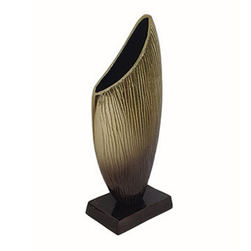 15 Inch Decorative Vase, Aluminum, Vertical Ribbing, Gold And Jet Black Gold Black Aluminium