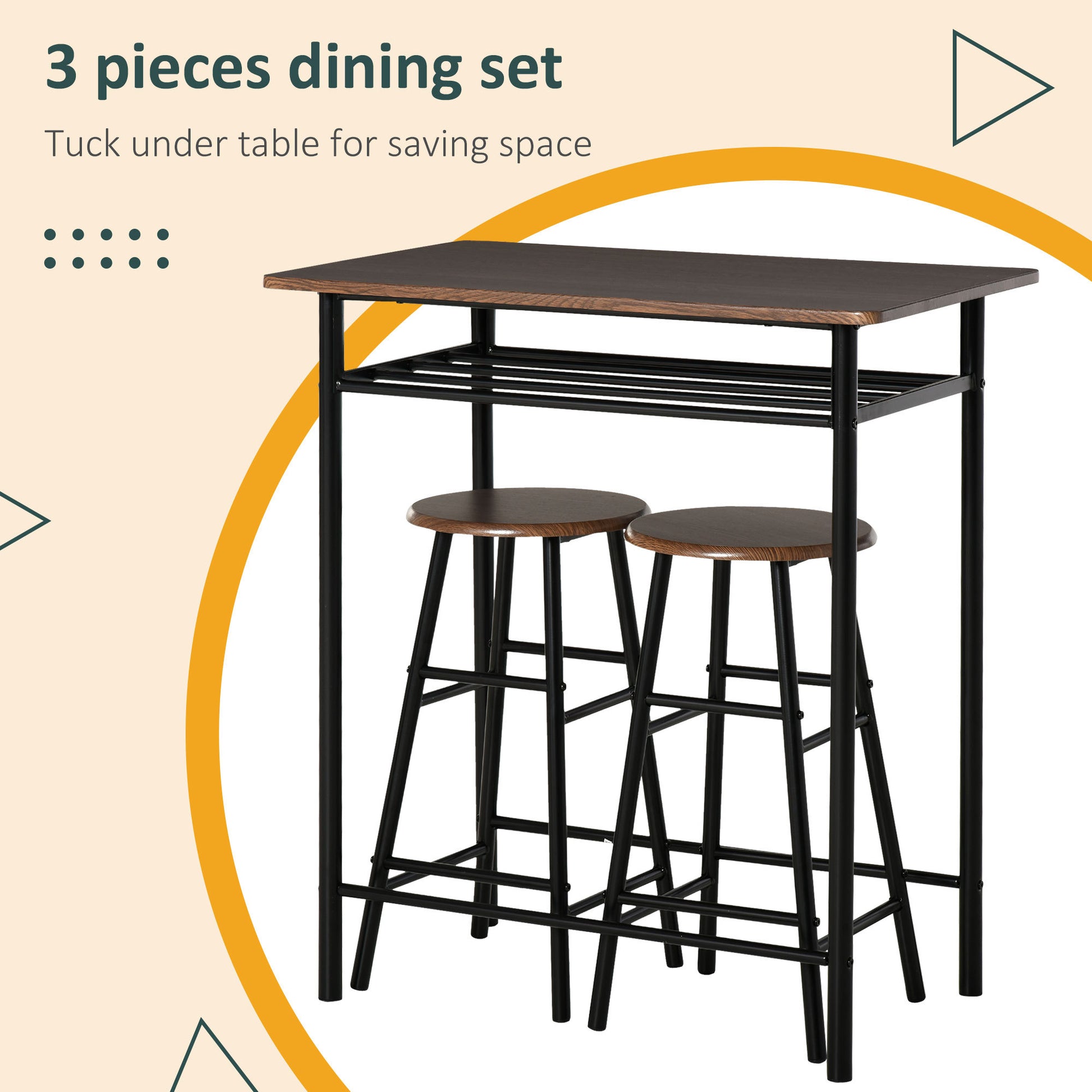 Homcom 3 Piece Counter Height Bar Table And Chairs Set, Space Saving Dining Table With 2 Matching Stools, Storage Shelf Metal Frame Footrest, Black, Brown Black Mdf