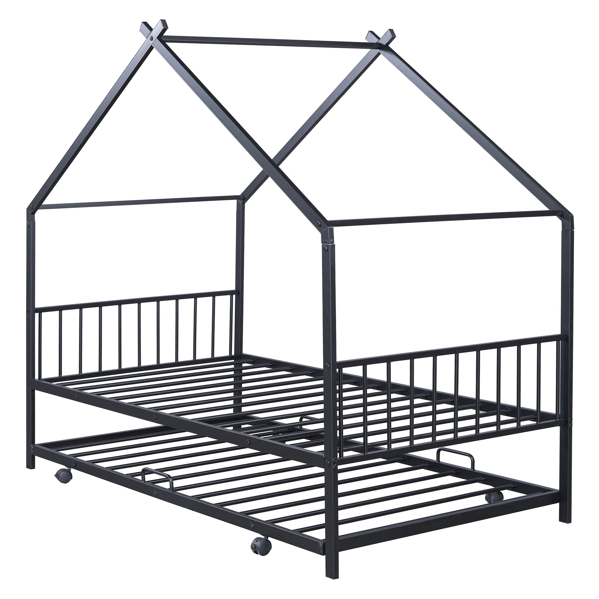 Twin Size Metal House Bed With Twin Size Trundle, Black Twin Black Metal