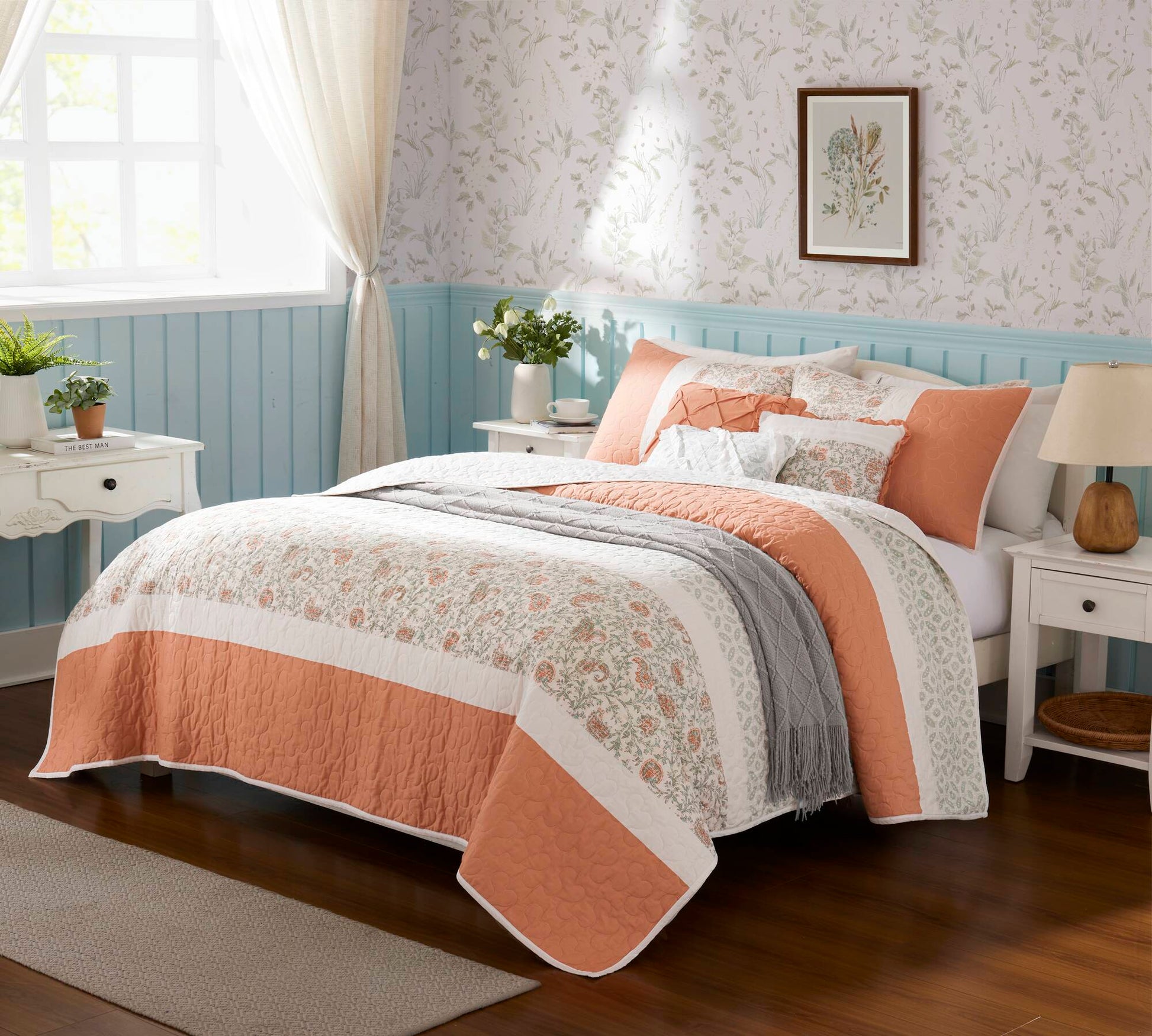6 Piece Cotton Percale Quilt Set With Throw Pillows Coral Full Queen Full Coral Polyester