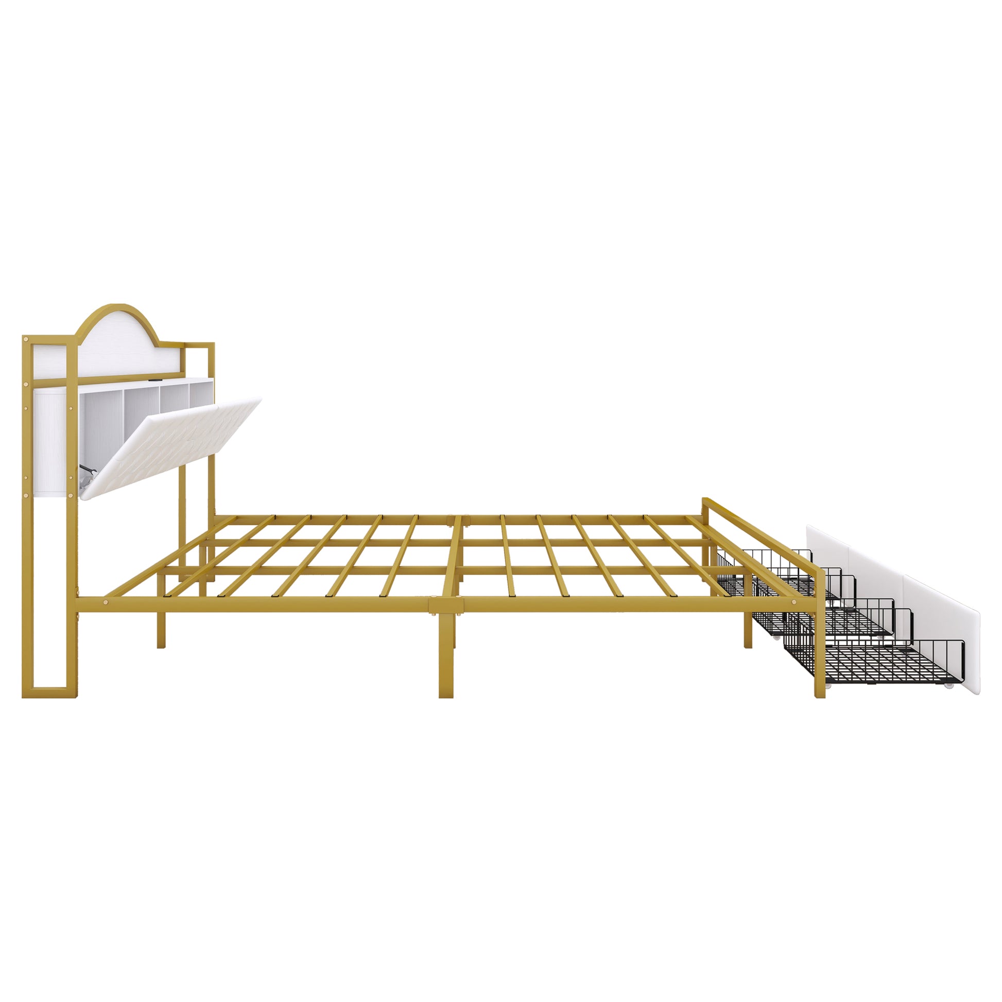 Metal Platform Bed With 3 Drawers, Storage Headboard, King, Gold King Gold White Fabric Metal