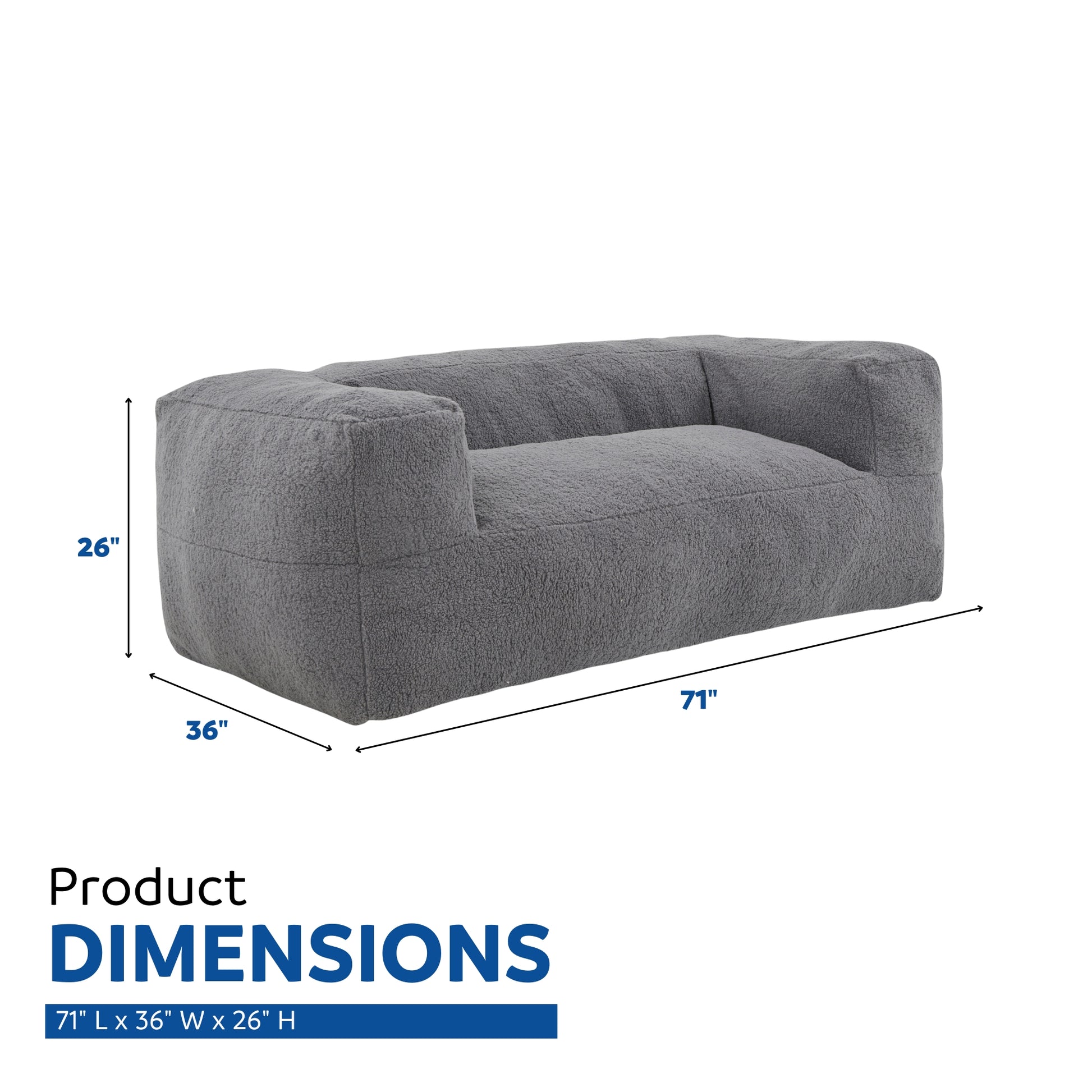 71" Large Memory Foam Bean Bag Sofa With Armrest, Living Room Plush Lounger Chair For Kids, Teen, And Adults, Gray Gray Polyester Primary Living Space Soft Contemporary Square Arms Memory Foam Polyester