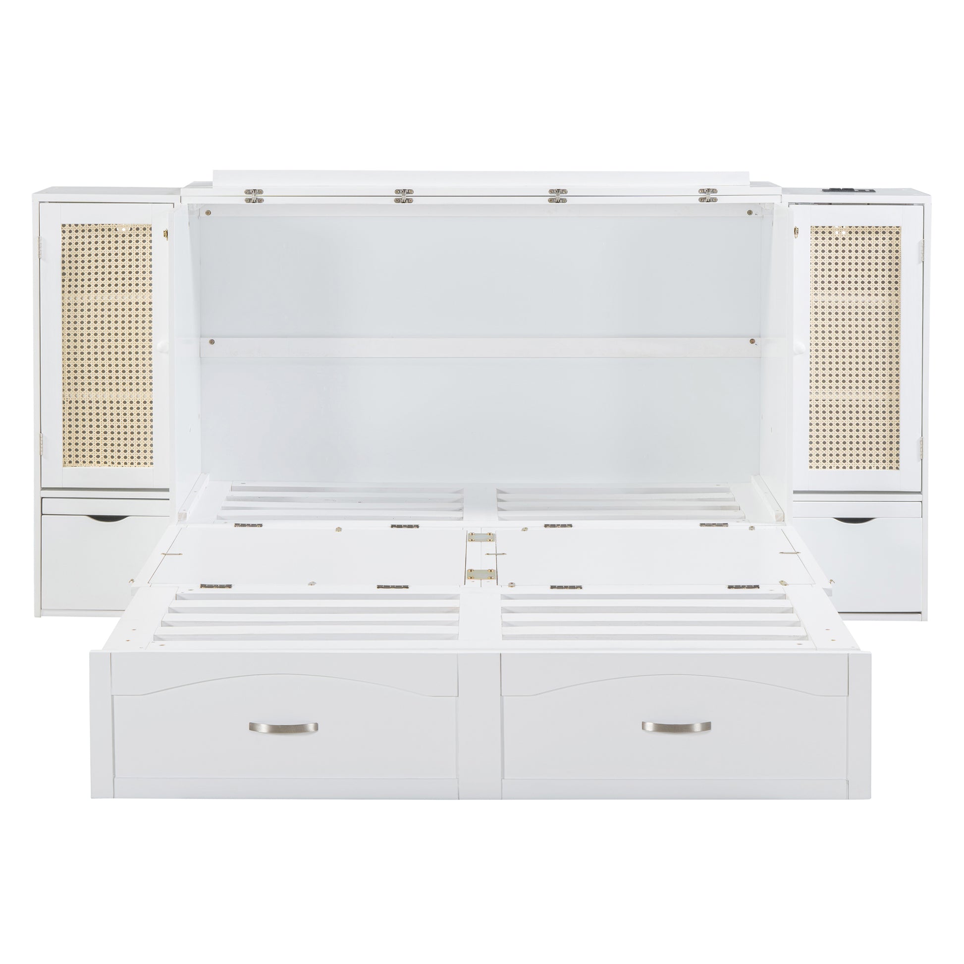 Queen Size Murphy Bed Wall Bed With Drawer And Rattan Decoration With 2 Storage Cabinets, One Set Of Sockets & Usb Ports, Pulley Structure Design, White Queen White Plywood