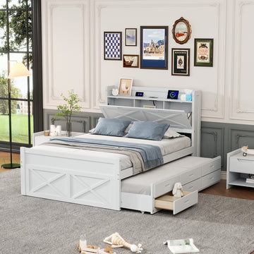 Full Size Wooden Bed With Storage Headboard With Outlets, Extendable Bed With Twin Size Trundle With Three Storage Drawers,White Full White Wood