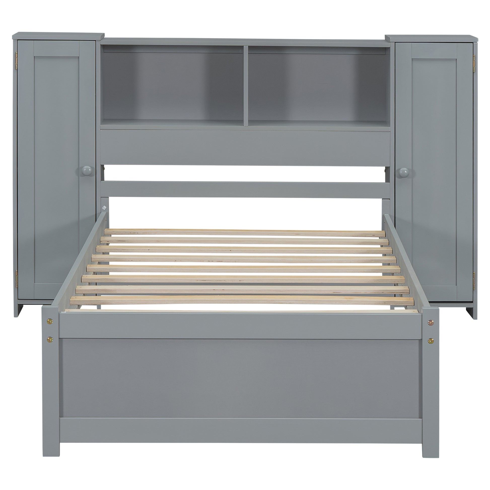 Twin Size Platform Bed With Storage Headboard And Lockers, Gray Twin Box Spring Not Required Gray Wood Bedroom Solid Wood Mdf
