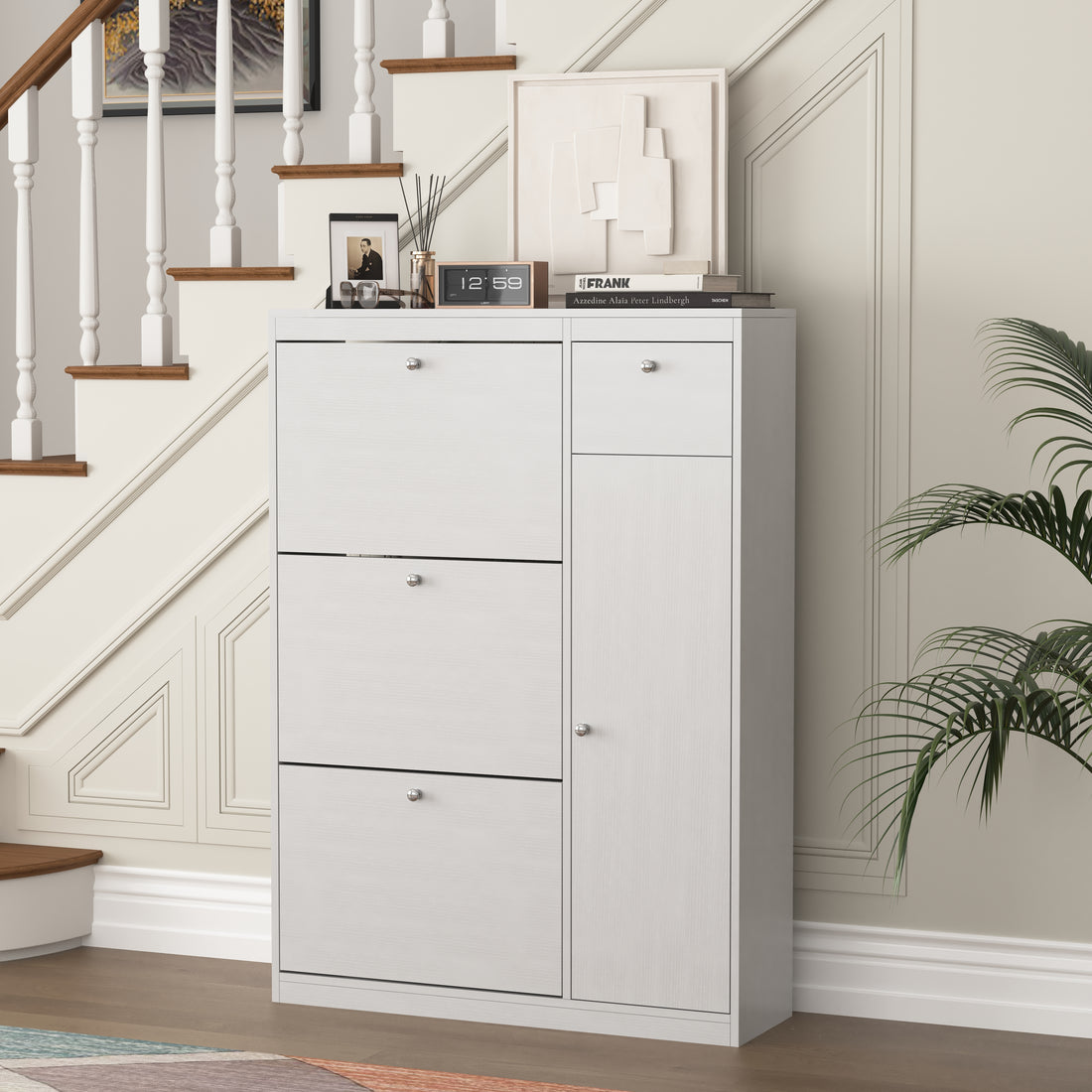 Shoe Cabinet,Freestanding Tipping Bucket Shoe Rack Organizer With 3 Flip Drawers,Entryway Narrow Shoe Storage With Adjustable Storage Shelf,Modern Slim Hidden Shoe Cabinet, White 5 Or More Spaces White Primary Living Space Particle Board