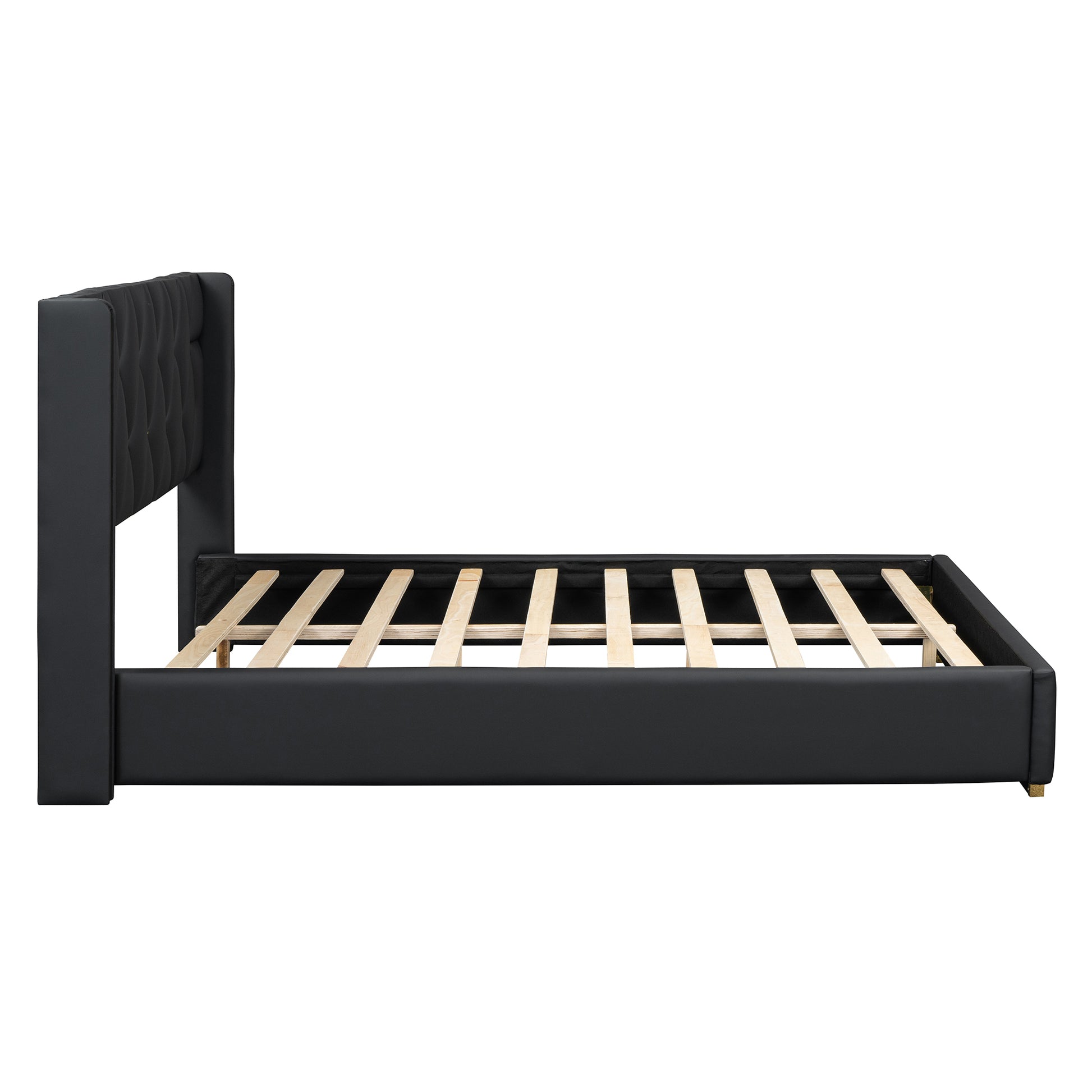 Queen Size Upholstered Platform Bed With Metal Strips, Black Queen Black Pu
