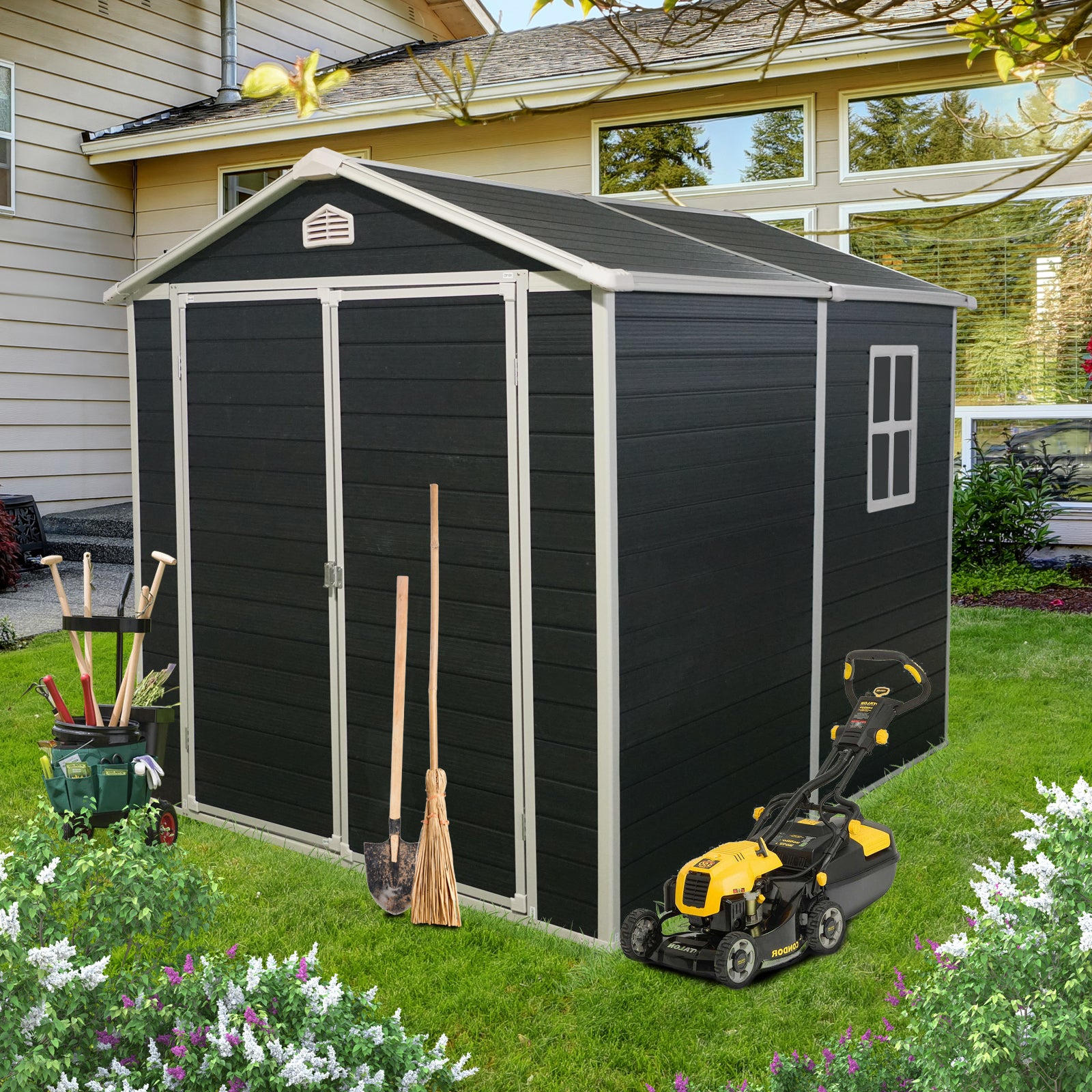 6X8Ft Resin Outdoor Storage Shed Kit Perfect To Store Patio Furniture,Black Black Plastic