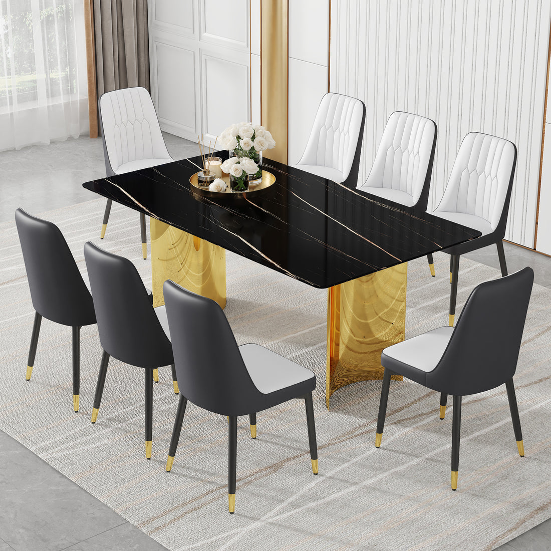 Table And Chair Set.The Table Has A Glass Top With Imitation Marble Pattern Stickers And Stainless Steel Golden Legs. Paried With Chairs With Pu Artificial Leather Backrest Cushions And Black Legs. Black Gold Seats 8 Glass Metal
