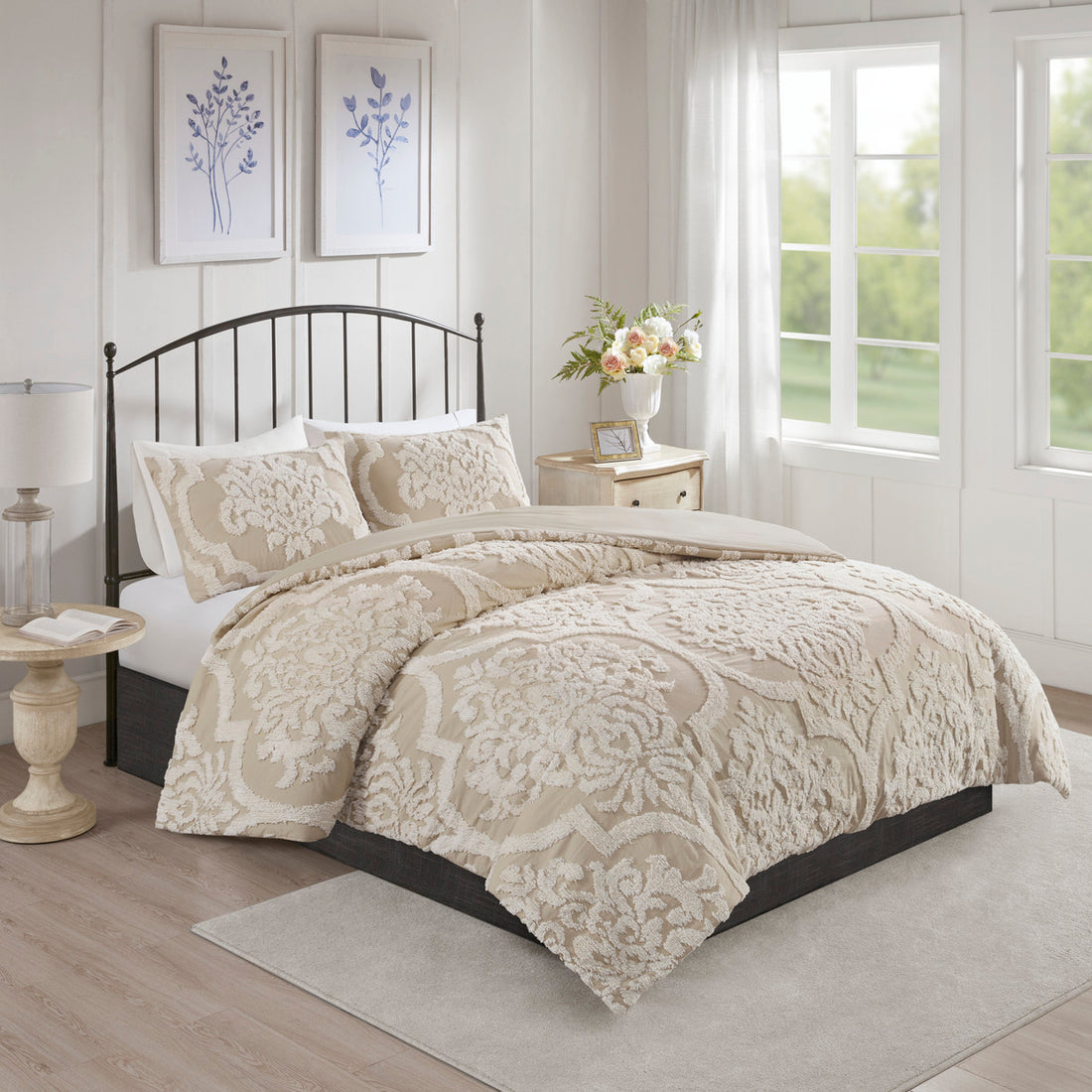 3 Piece Tufted Cotton Chenille Da Comforter Set Taupe Full Queen Full Taupe Polyester