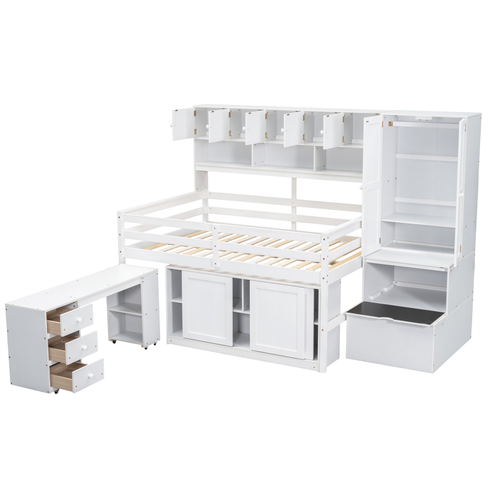 Full Size Wooden Loft Bed Big Storage With Under Bed Desk, With Drawers, With Shelves, White Full White Plywood
