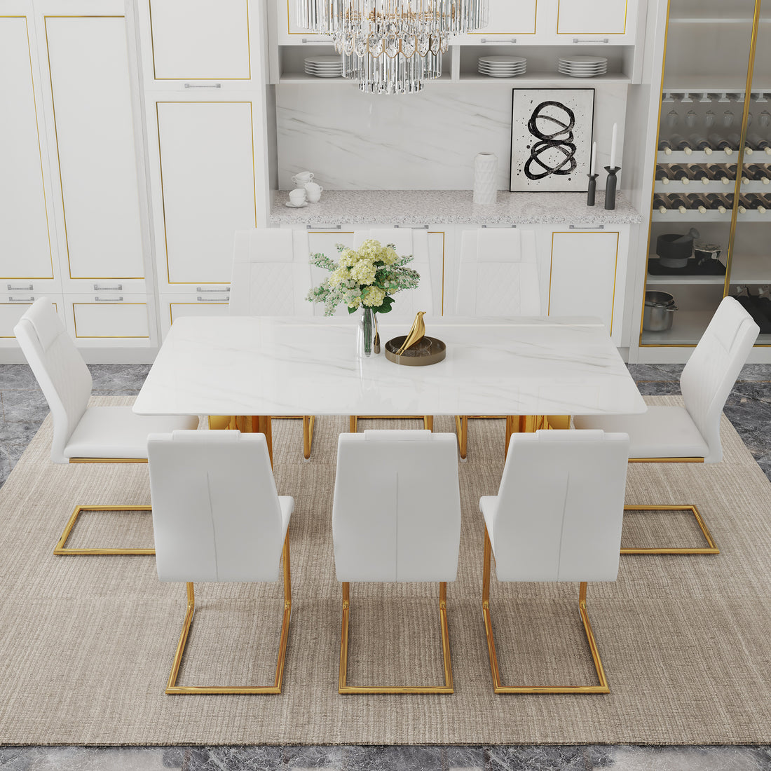 Table And Chair Set.The Table Has A Glass Tabletop With Imitation Marble Pattern Stickers And Stainless Steel Golden Table Legs. Paried With Comfortable Chairs With Pu Seats And Metal Legs. White Gold Seats 8 Glass Metal