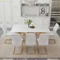 Table And Chair Set.The Table Has A Glass Tabletop With Imitation Marble Pattern Stickers And Stainless Steel Golden Table Legs. Paried With Comfortable Chairs With Pu Seats And Metal Legs. White Gold Seats 8 Glass Metal