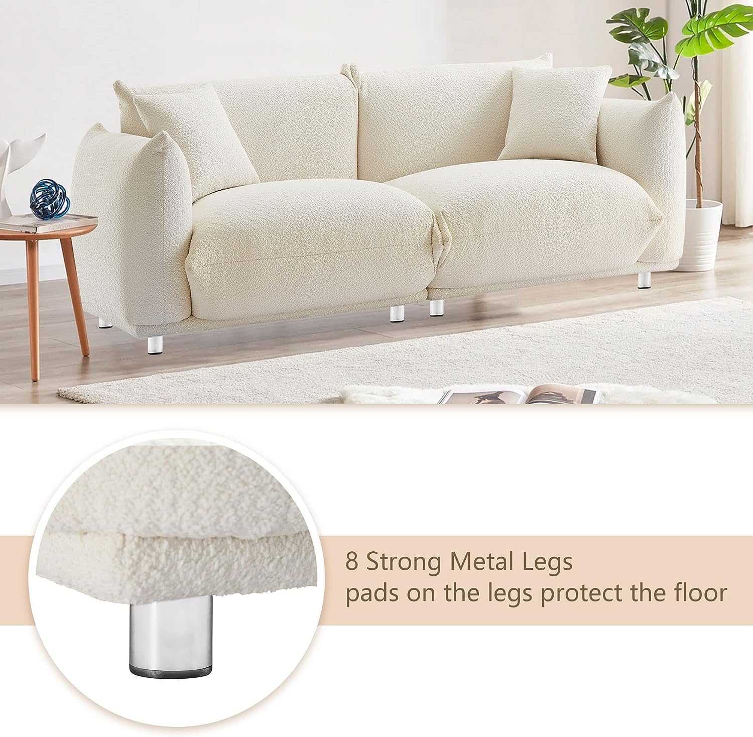 87'' Oversized Loveseat Sofa For Living Room, Sherpa Sofa With Metal Legs, 3 Seater Sofa, Solid Wood Frame Couch With 2 Pillows, For Apartment Office Living Room White White Fabric 2 Seat