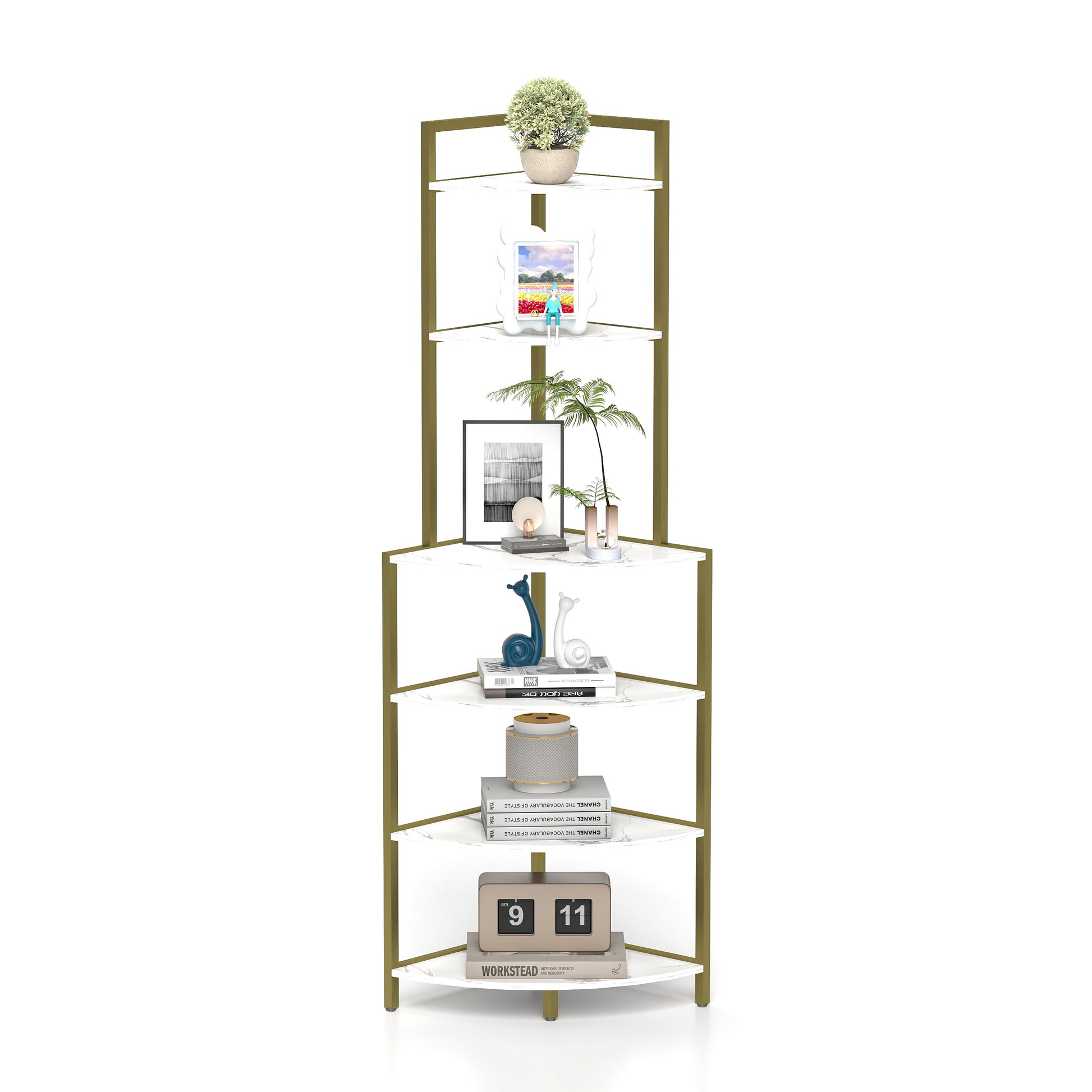 6 Tier Corner Open Shelf Modern Bookcase Wood Rack Freestanding Shelving Unit,Plant Album Trinket Sturdy Stand Small Bookshelf Space Saving For Living Room Home Office Kitchen Small Space Rustic Brown Gold White Corner Office American Design,Rustic