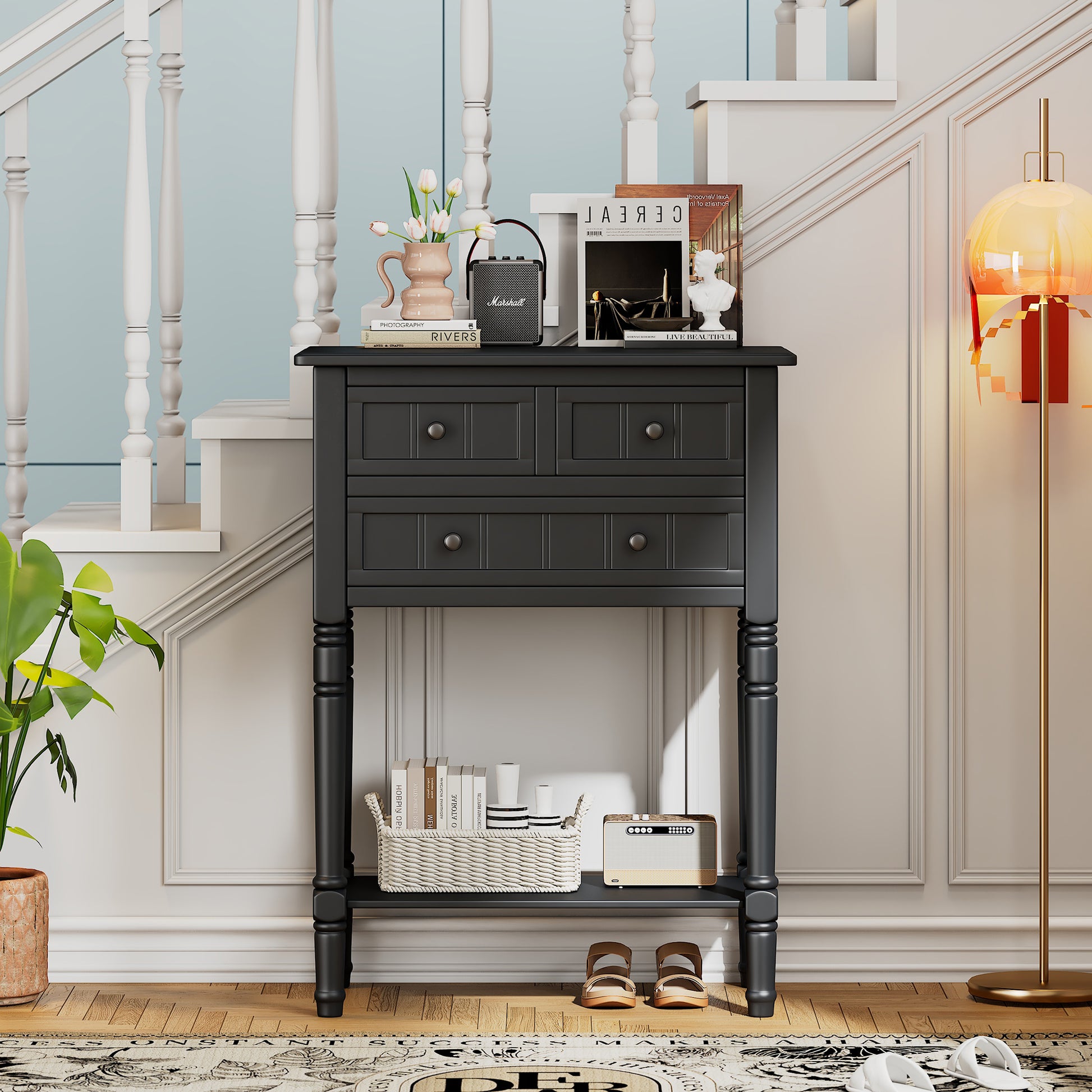 Narrow Console Table, Slim Sofa Table With Three Storage Drawers And Bottom Shelf Black Black Solid Wood Mdf