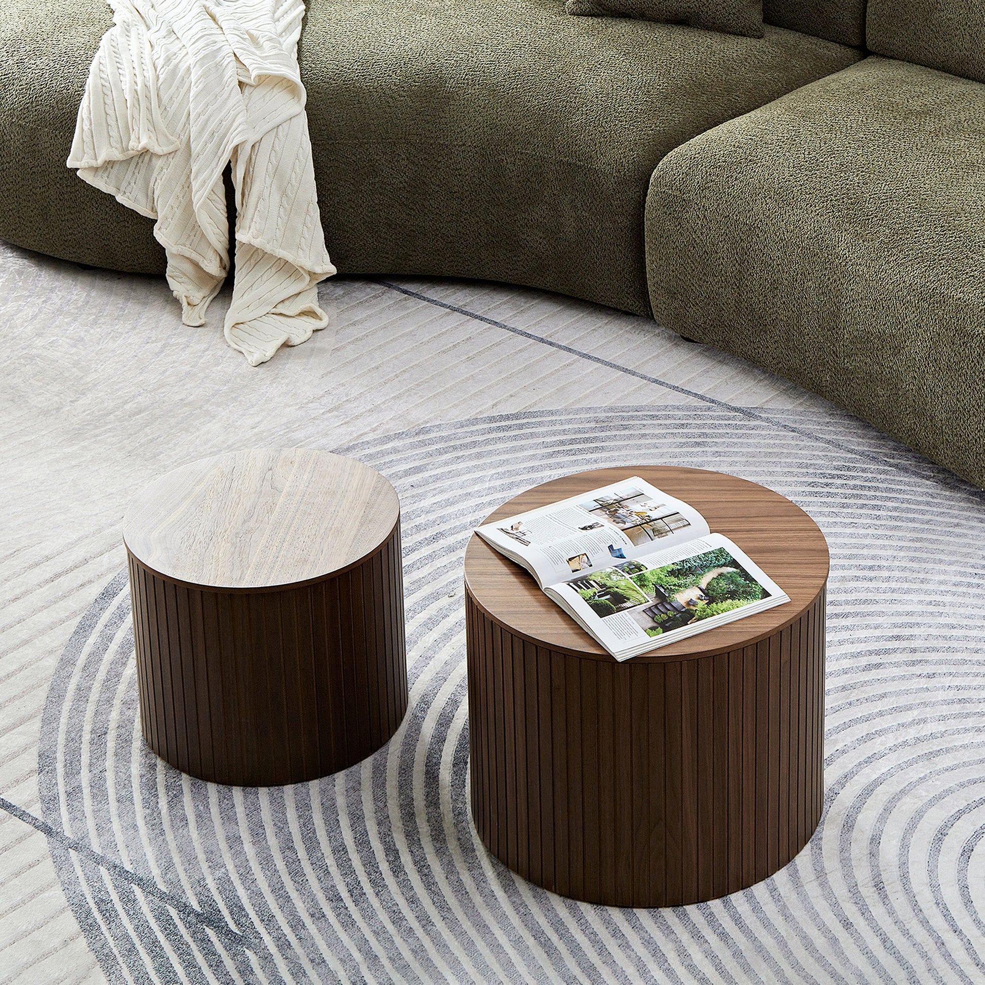 Mdf Nested Table Set 2 Pieces, Handcrafted Round Coffee Table In Living Lounge Area, Walnut Color Walnut Round Round Mdf