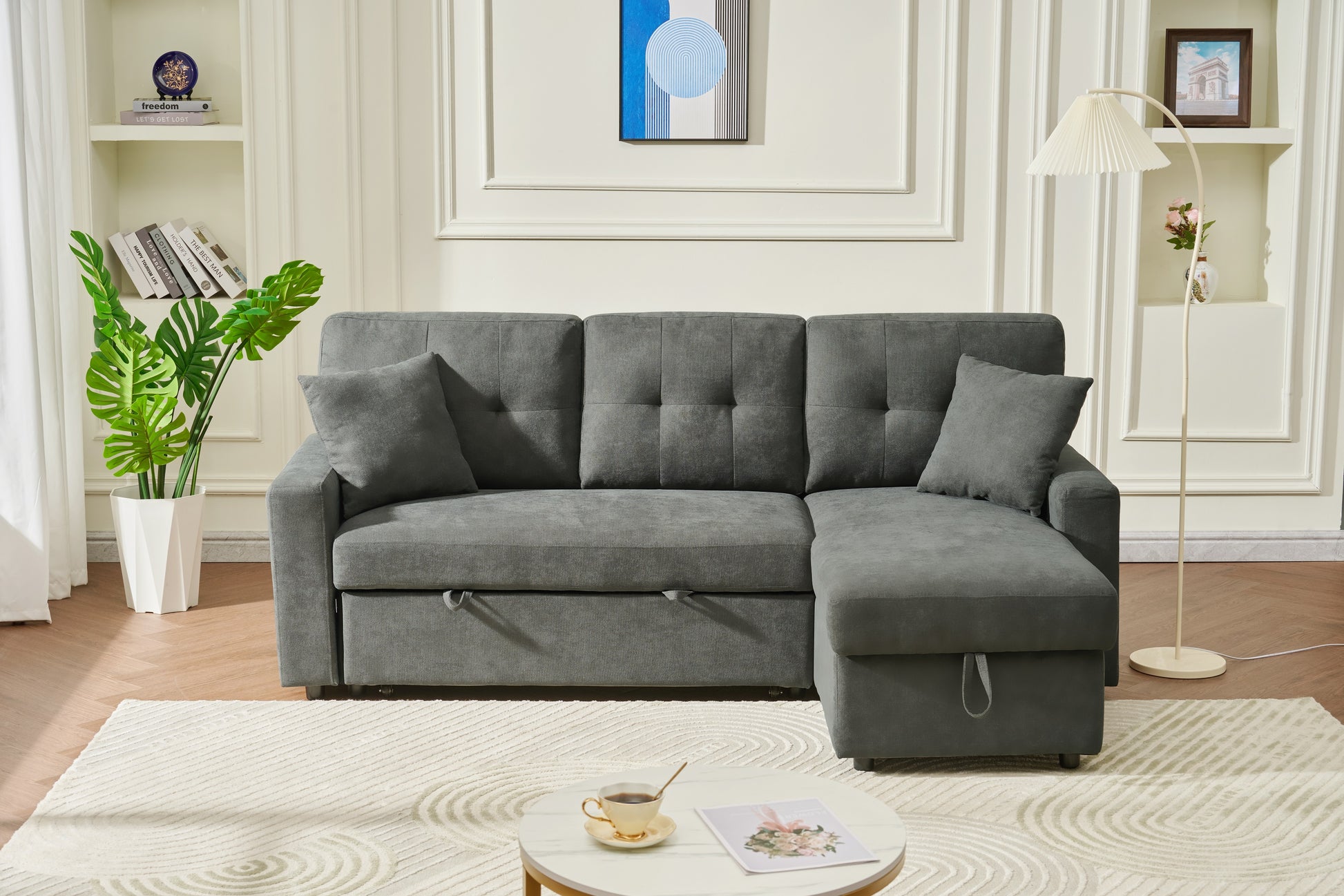 Sectional Sofa Bed L Shaped Sofa Couch Bed With Usb Port, Reversible Sofa Couch Sleeper With Pull Out Bed, Chaise With Storage, Pull Out Couch For Living Room Dark Gray Wood Fabric 3 Seat