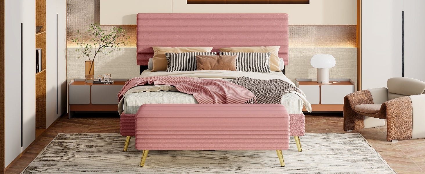 2 Pieces Bedroom Sets Queen Size Upholstered Bed Frame, Modern Corduroy Storage Ottoman,Pink Queen Pink 2 Piece Set Solid Wood Mdf