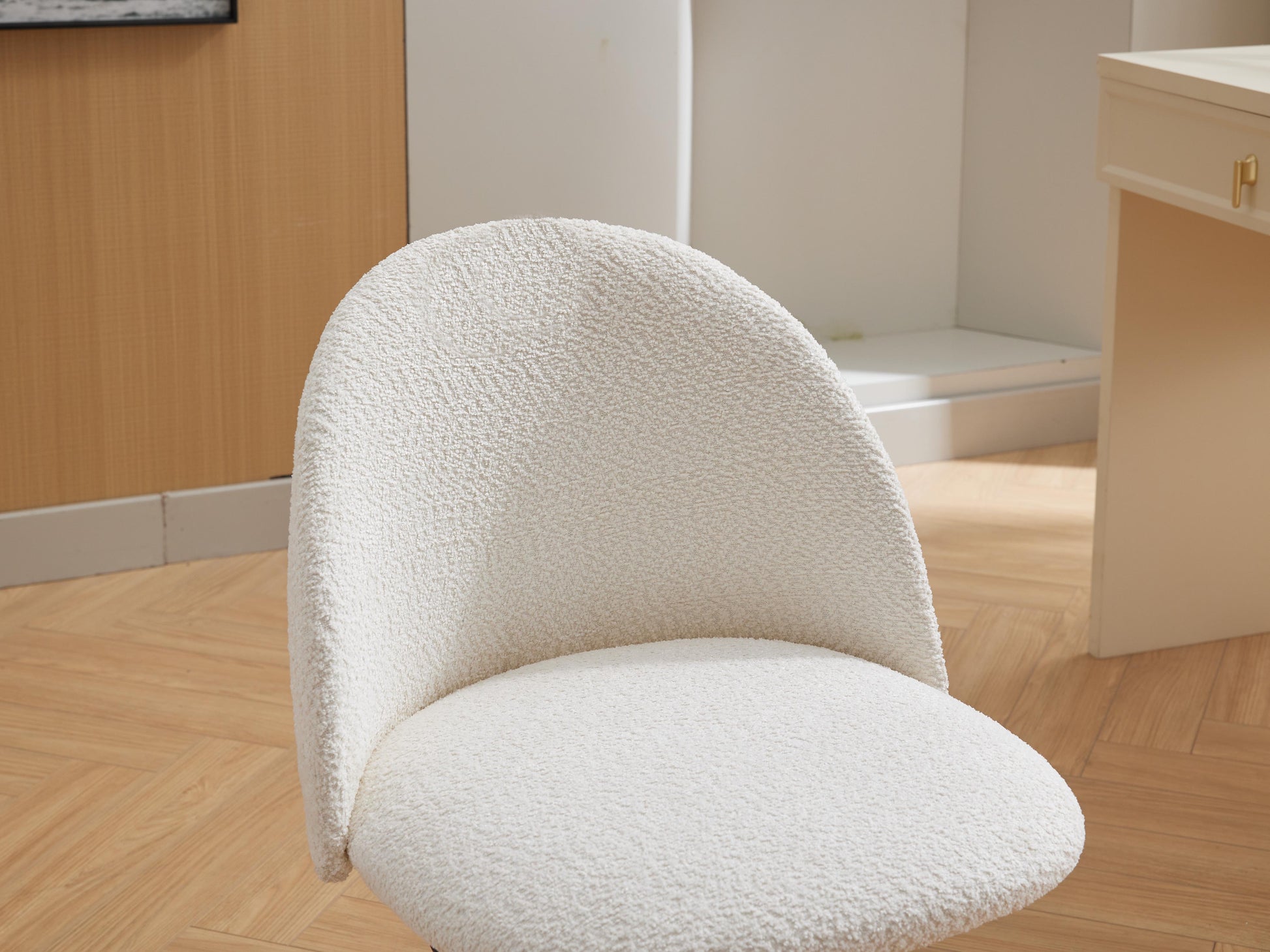 White Boucle Office Chair Desk Chair, Mid Back Adjustable Swivel Computer Chair With Black Legsmodern Upholstered Desk Chair With Wheels White Black Foam Polyester Blend