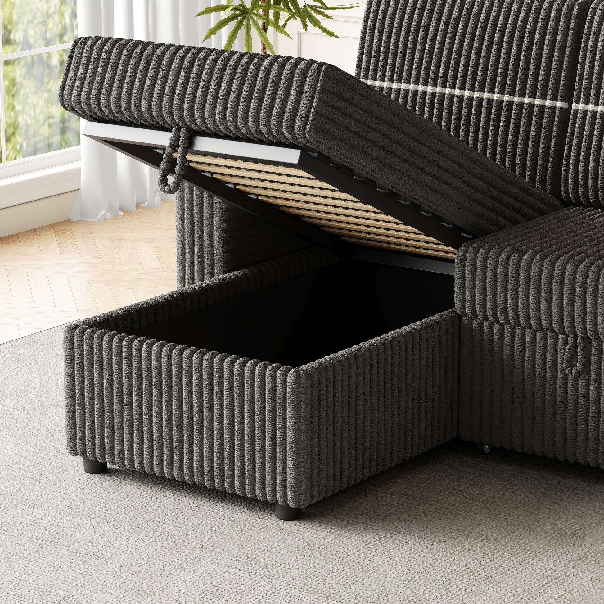 85 Inches Corduroy Sofa Bed, 3 Seater Sleeper Sofa With Storage Chaise, Square Handrail With Two Cup Holder And Usb Charge Port, Pull Out Couch For Living Room Dark Grey Corduroy 3 Seat