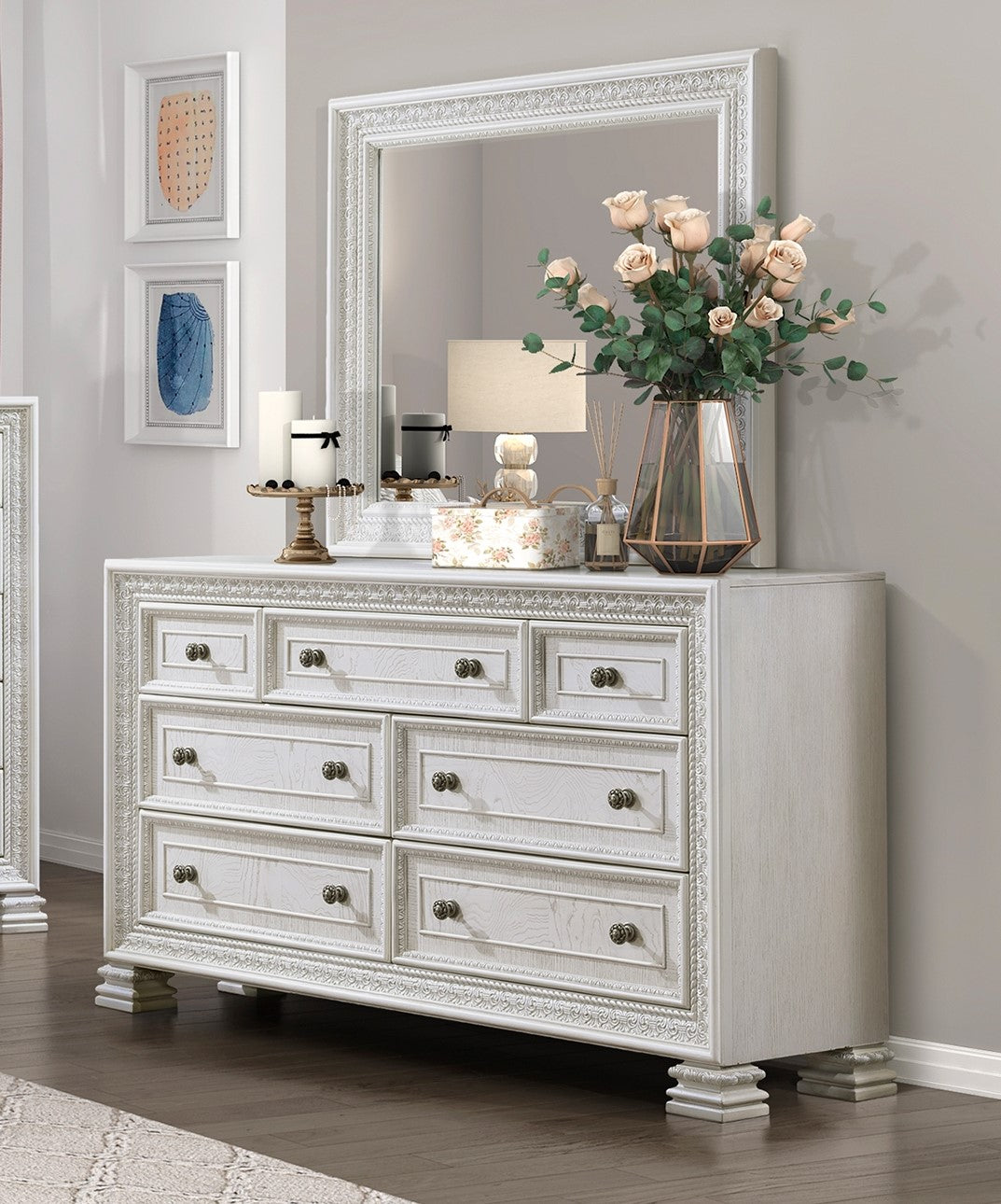 Classic Luxury Pearl White Finish Dresser Of 7X Drawers Wooden Bedroom Furniture 1Pc, Dart Molding Design White Wood