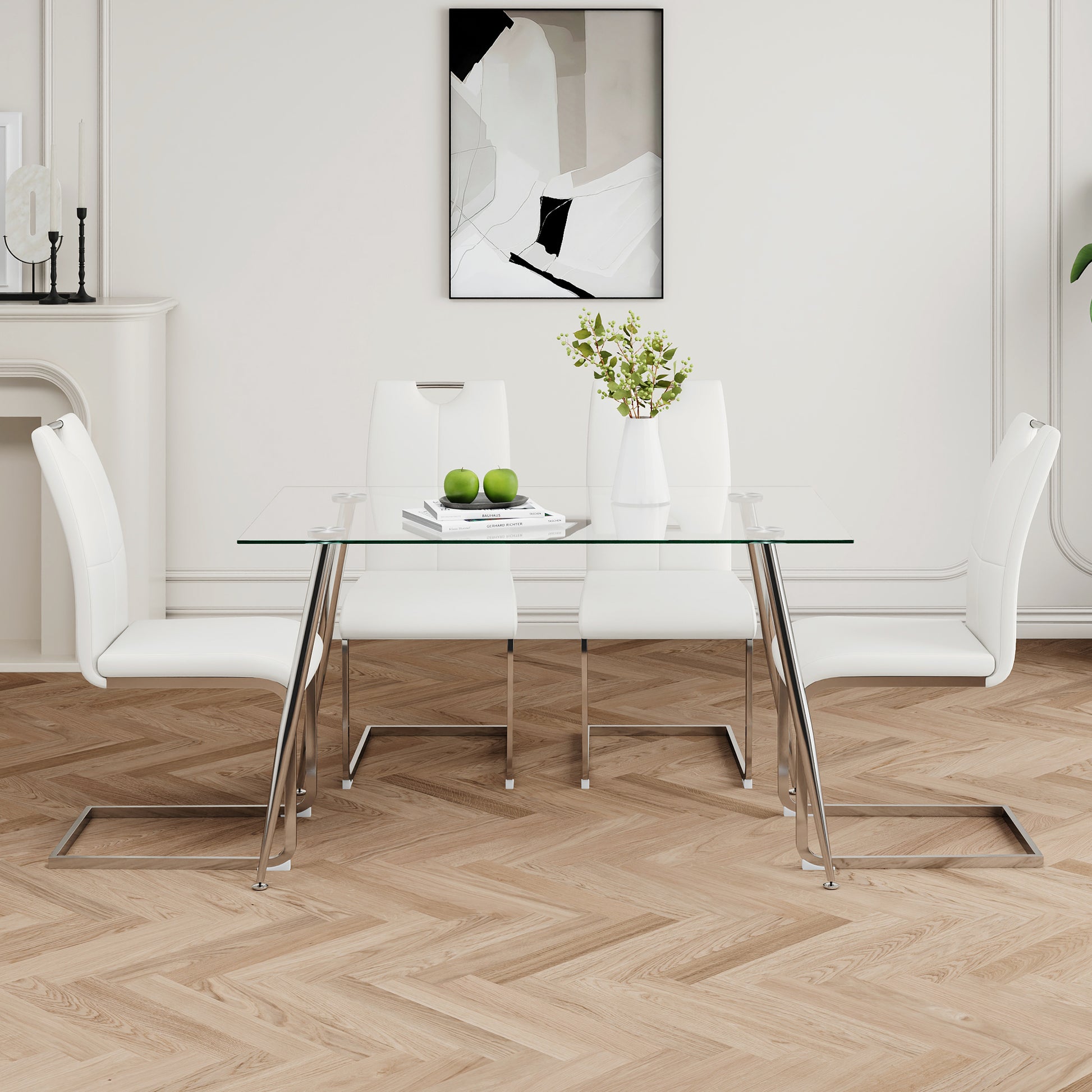 Modern Simple Rectangular Glass Dining Table, Solid Tempered Glass Tabletop, Electroplated Table Legs, White Pu Dining Chair Set, Suitable For Restaurant Kitchen Use Set Of 5 Upholstered Chair Glass White Pu Seats 4 Metal Rectangular Dining Table With