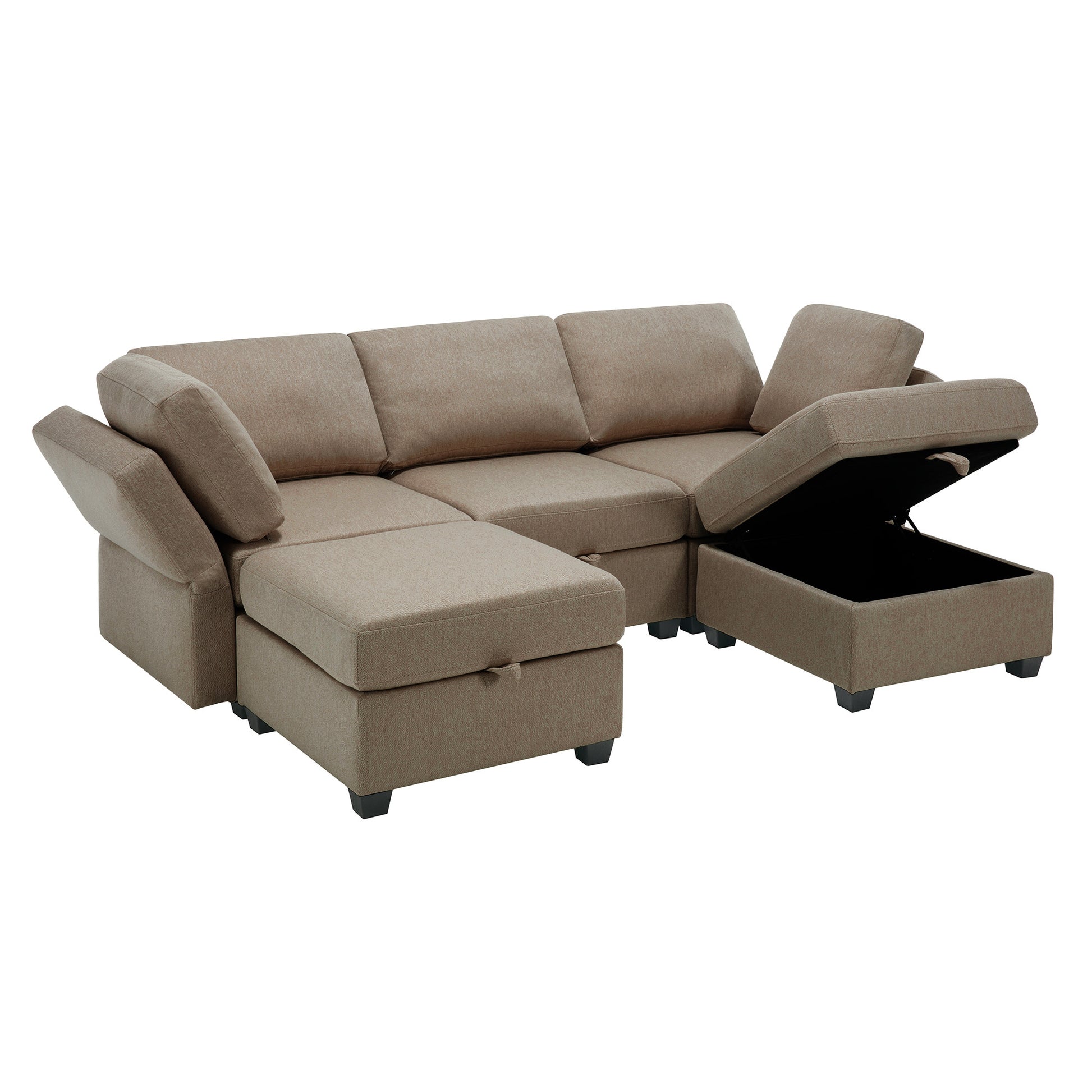 Reversible Sectional Sofa Modern Modular Sectional Couch With Chaise U Shaped Corner Sectional 5 Seater Modular Sofa With Storage Seats, Adjustable Arms And Backs Brown Brown Polyester 3 Seat