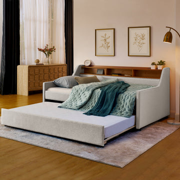 Twin Size Upholstery Sofa Bed With Three Led Lights, With Storage Adjustable Headboard, With Foldable Leg Pull Up Trundle Bed And Wireless Charging, Linen Padded Sofa Bed Frame, Beige Box Spring Not Required Twin Beige Composite Bedroom Classic