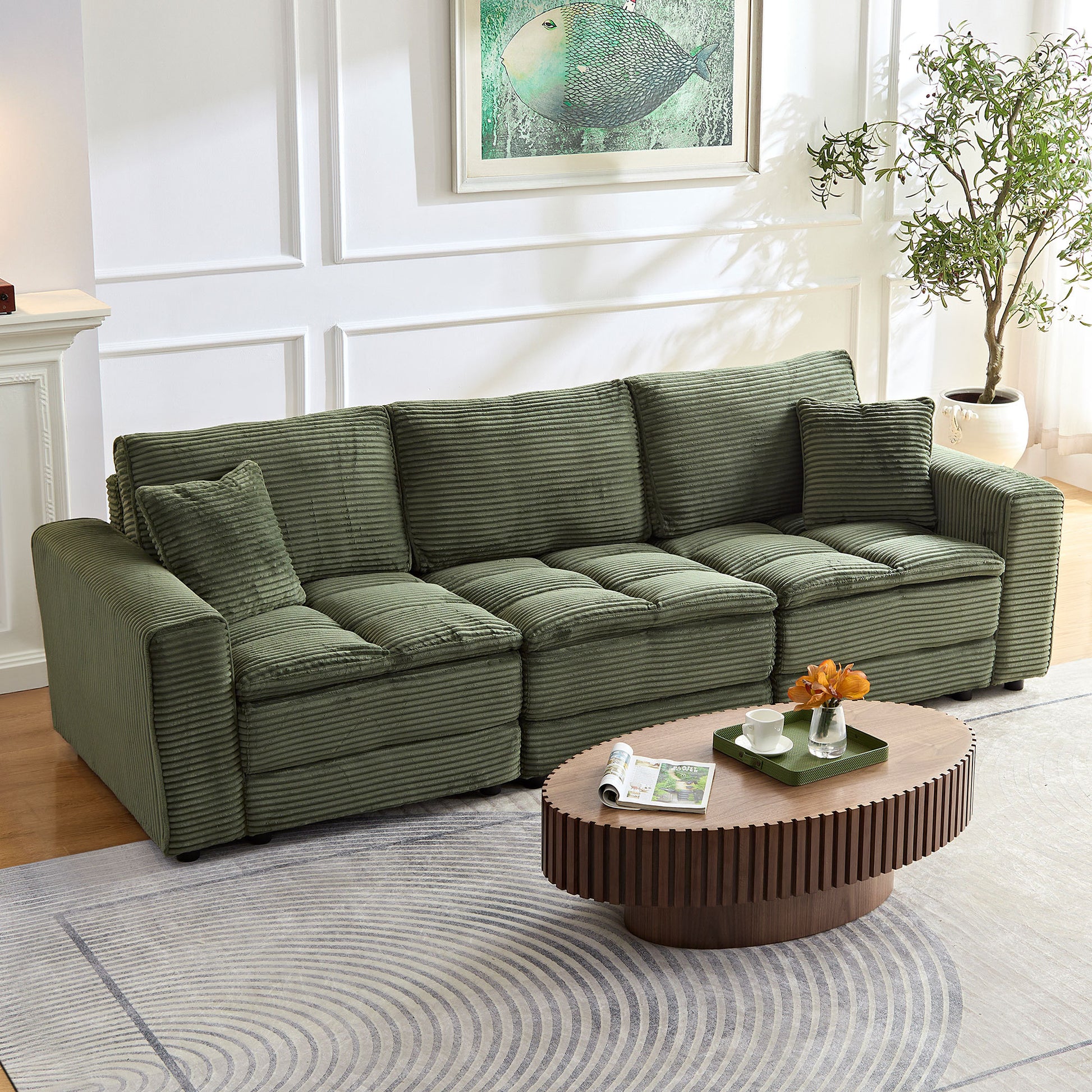 4 Seats Complimentary 2 Pillows ,Oversized Sectional Sofa,L Shaped Corner Couch With Detachable Seat & Back Cushion, Corduroy Upholstery Convertible Sleeper Sofa&Couch For Living Room Green Fabric 4 Seat