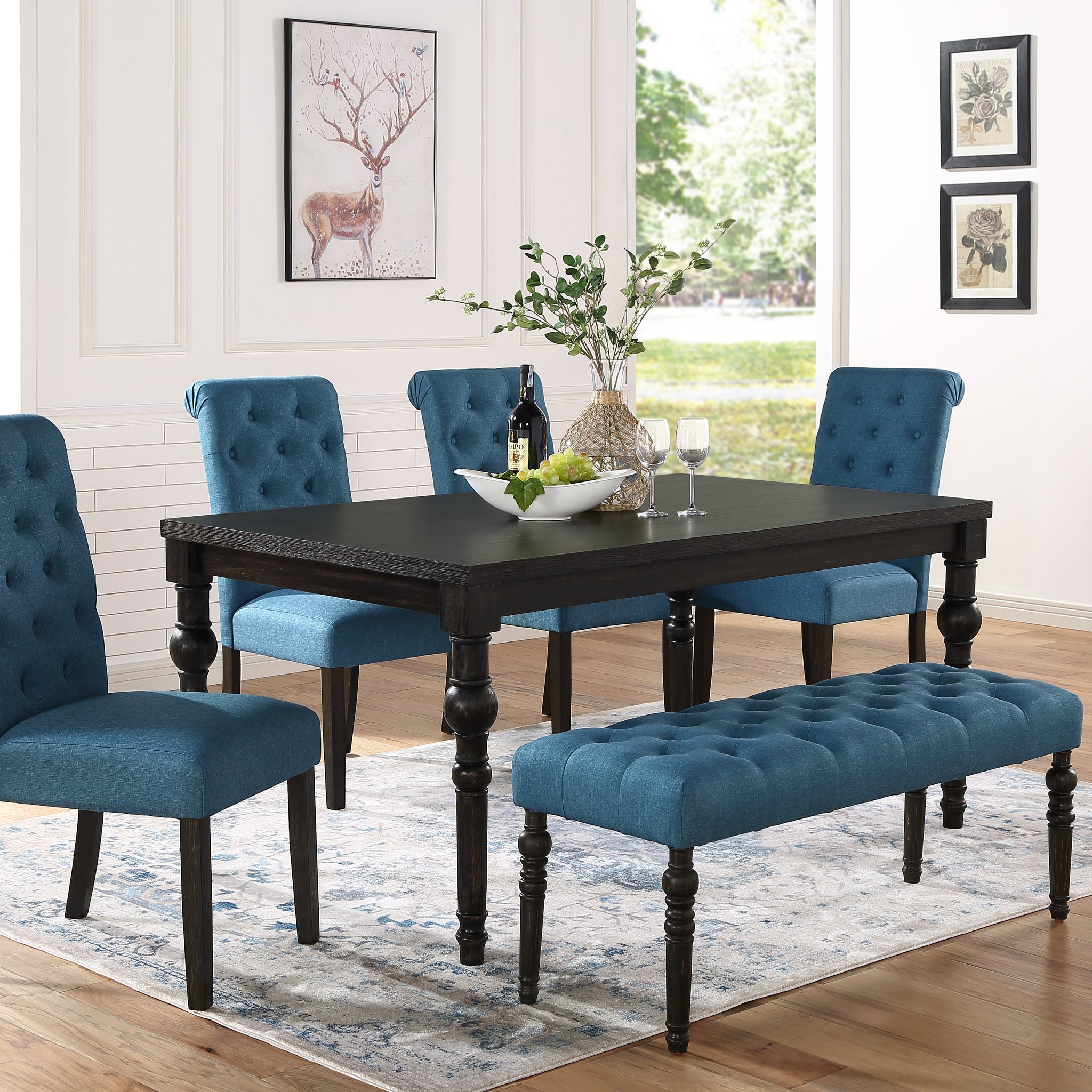 Leviton Urban Style Dark Wash Wood Dining Set: Table, 4 Chairs And Bench Wood Black Wood Dining Room Fixed Table Rubberwood Rectangular 4 Leg Rectangular Dining Table With Chair And Bench Mdf