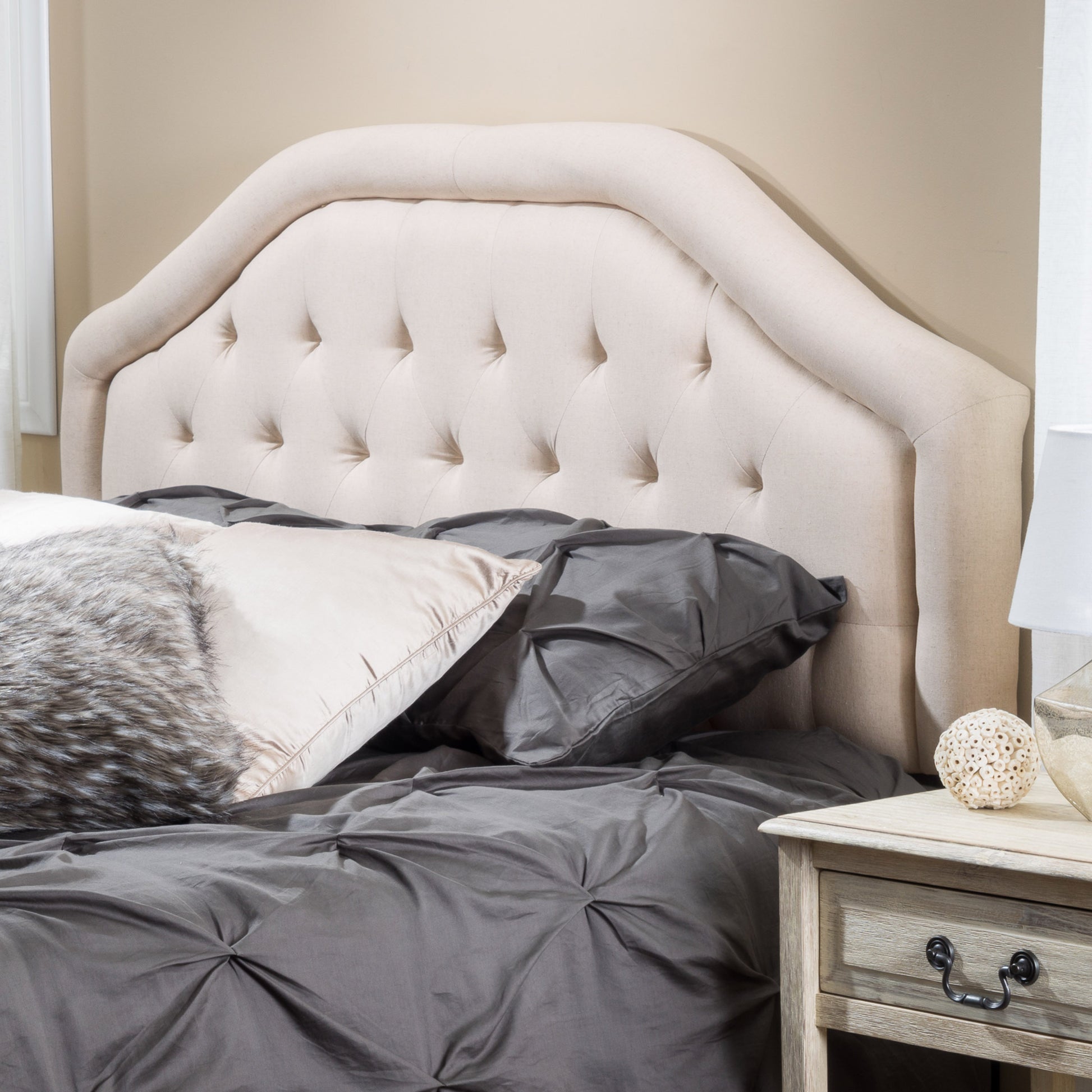 Upholstered Headboard, Diamond Tufted Design, Arched Structure, Easy Assembly, Beige Beige Fabric