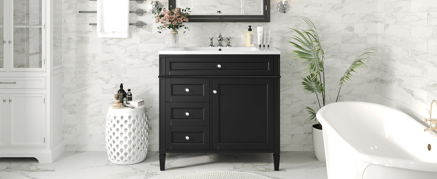 36'' Bathroom Vanity With Top Sink, Modern Bathroom Storage Cabinet With 2 Drawers And A Tip Out Drawer, Single Sink Bathroom Vanity Black Bathroom Solid Wood Mdf