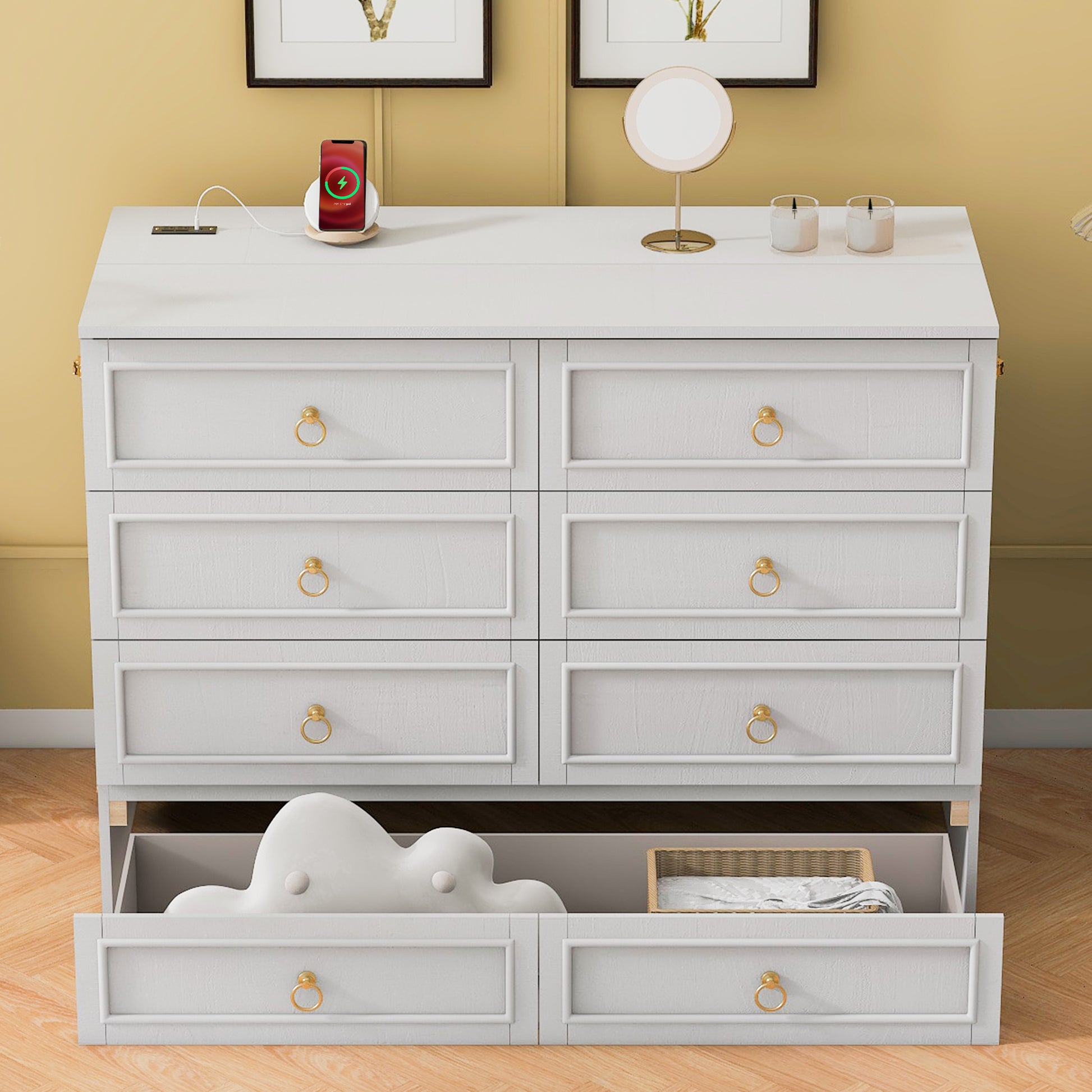 Full Size Murphy Bed With Large Drawers,White Full White Plywood