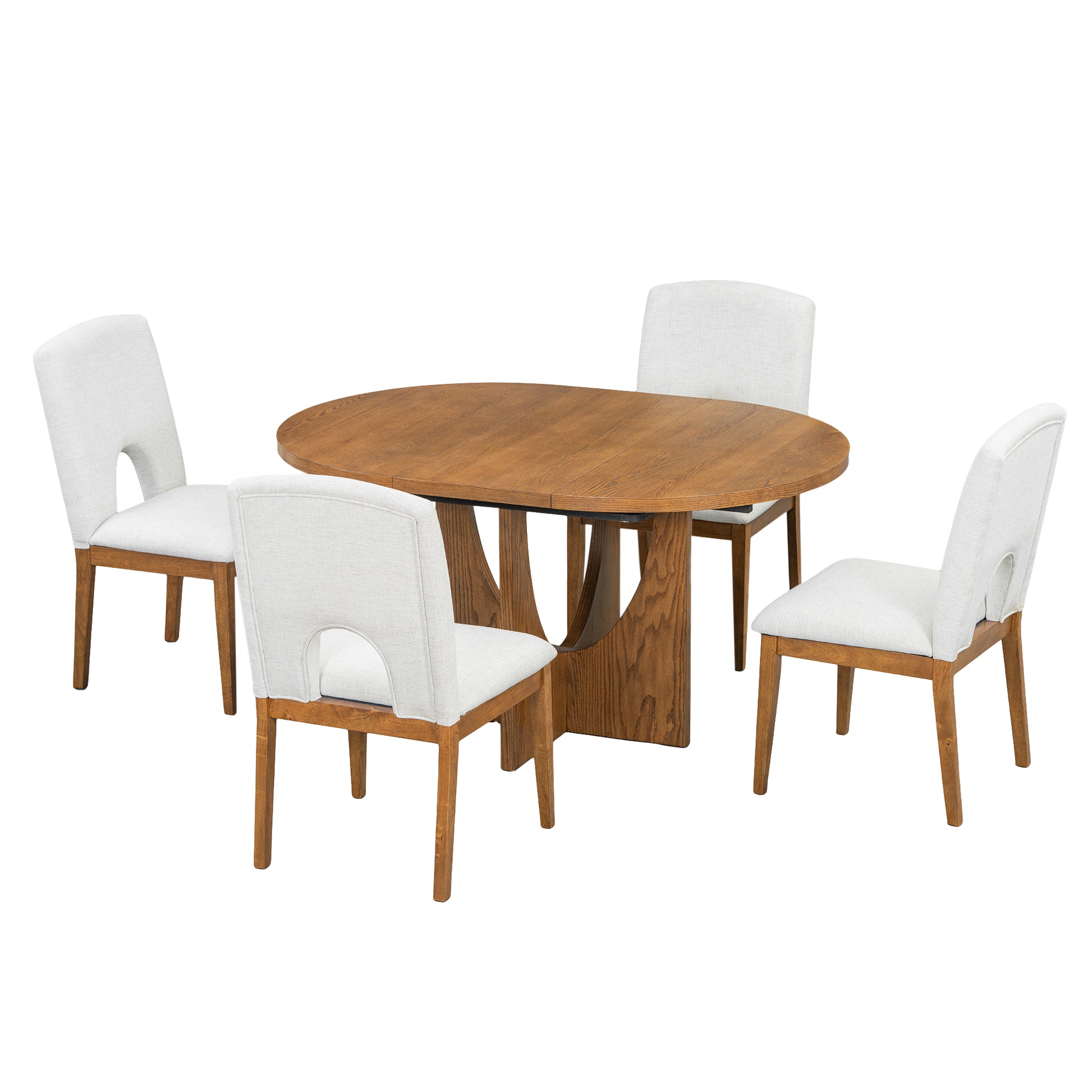 Modern 5 Piece Extendable Round Dining Table Set With 16.2Inch Removable Leaf For Small Places, Walnut Beige Wood Dining Room Solid Wood Rubberwood Round Dining Table With Chair Upholstered Chair Wood Walnut Seats 4 Removable Leaf Contemporary Round