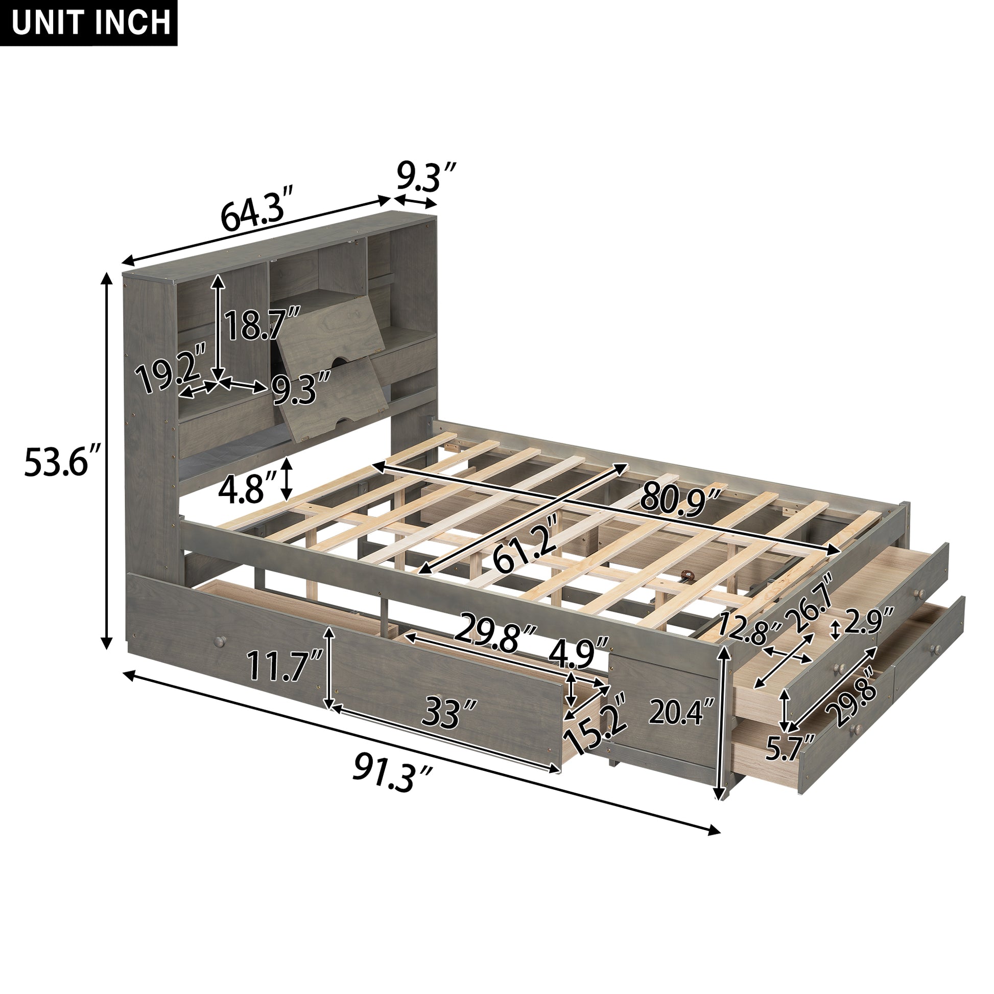 Queen Size Platform Bed With Storage Headboard And 8 Drawers, Gray Box Spring Not Required Queen Gray Wood Bedroom Bed Frame Solid Wood Mdf