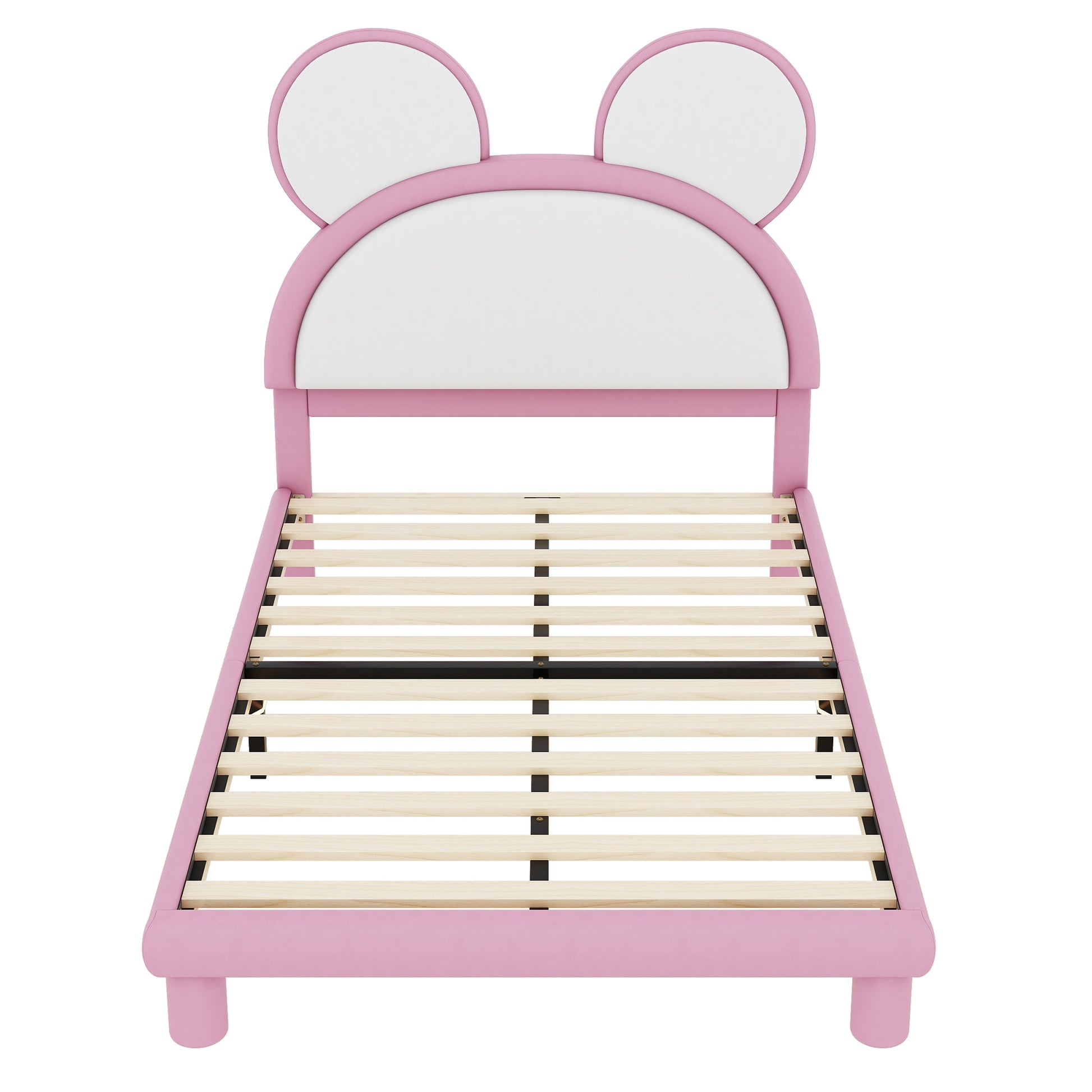 Full Size Upholstered Platform Bed With Cartoon Ears Shaped Headboard And Led, White&Pink Box Spring Not Required Full White Pink Bedroom Bed Frame Faux Leather Upholstered