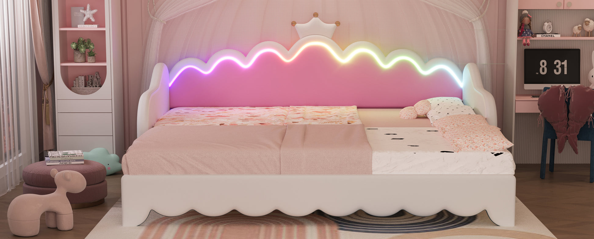 Twin Extending Daybed With Led Lights, Modern Upholstered Princess Daybed With Crown Headboard,White Twin White Wood