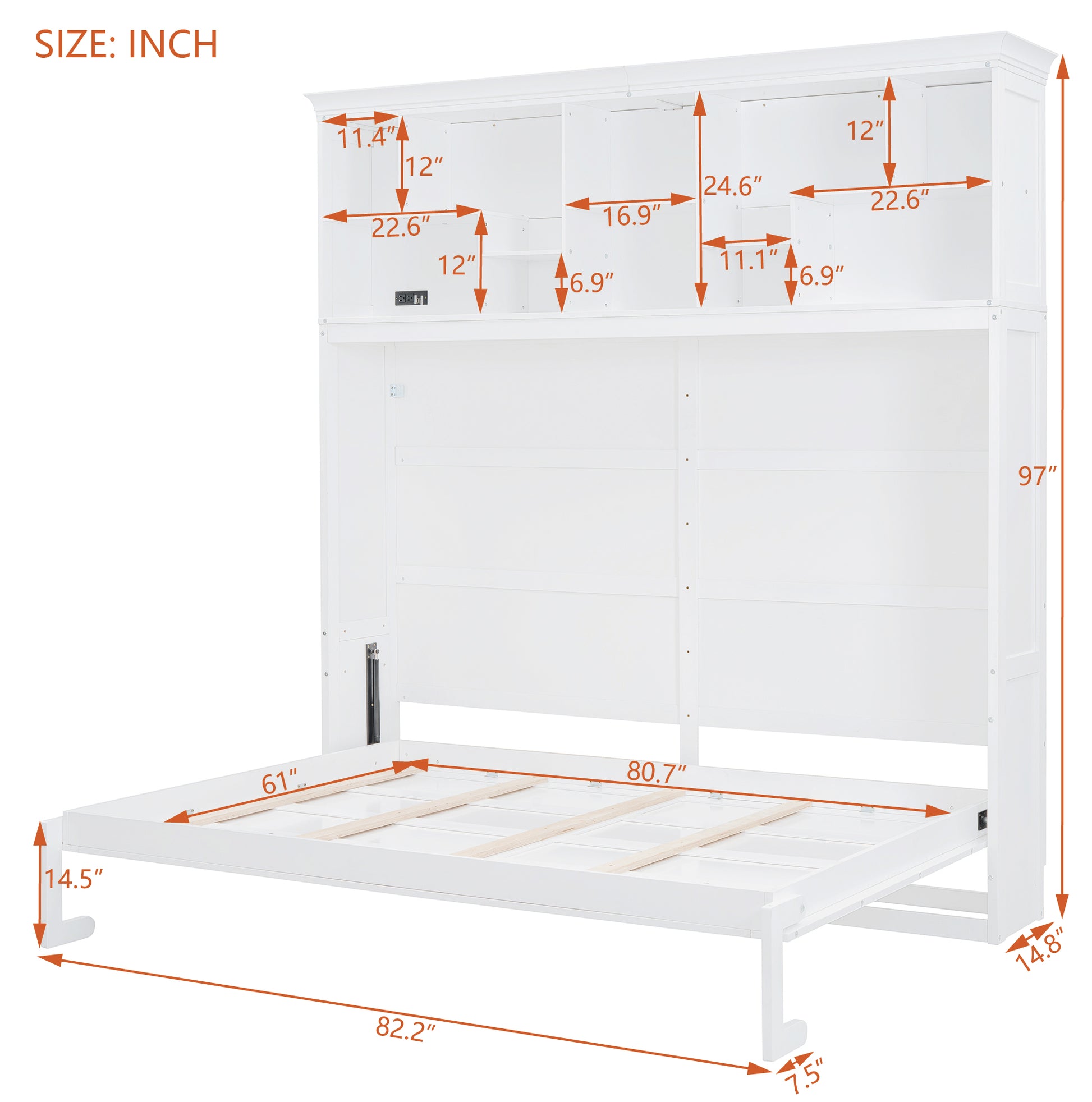 Queen Size Murphy Bed Wall Bed With Top Shelves & Usb,White Queen White Plywood