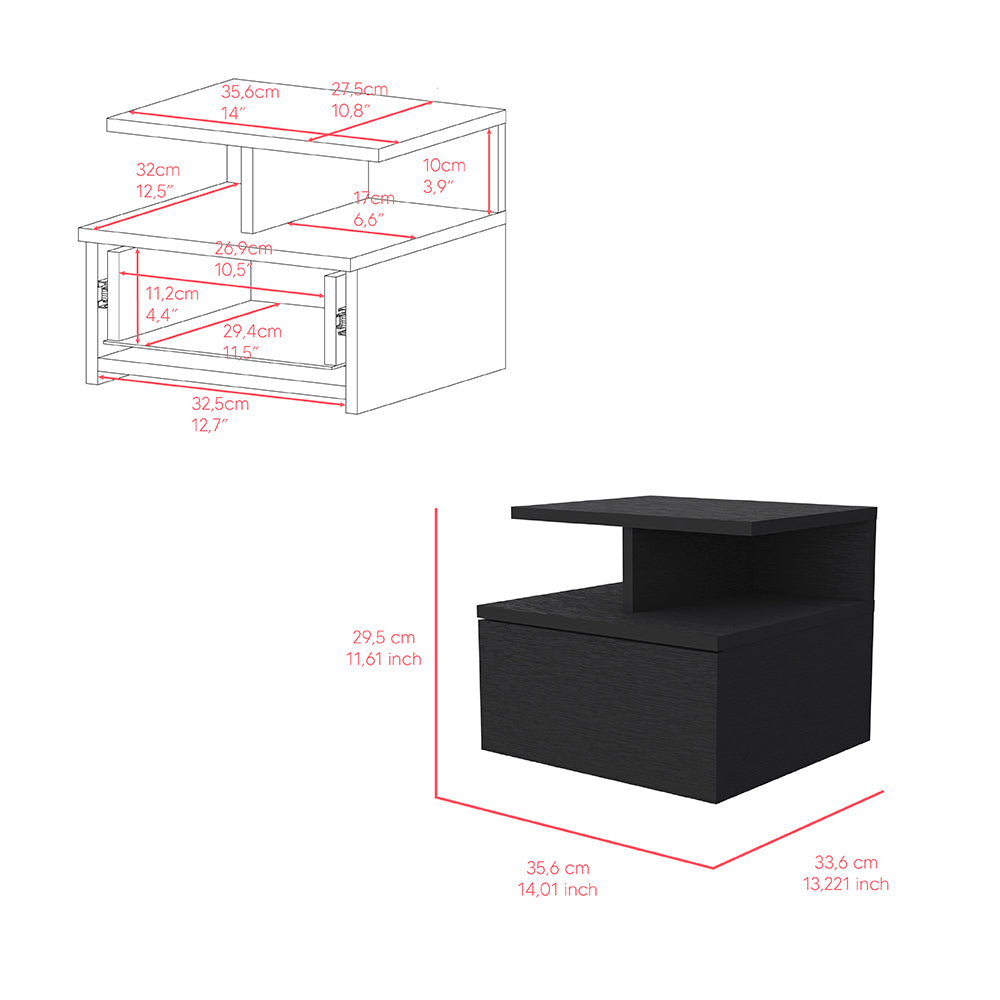 Floating Nightstand Flopini, One Drawer, Black Wengue Finish Black Particle Board
