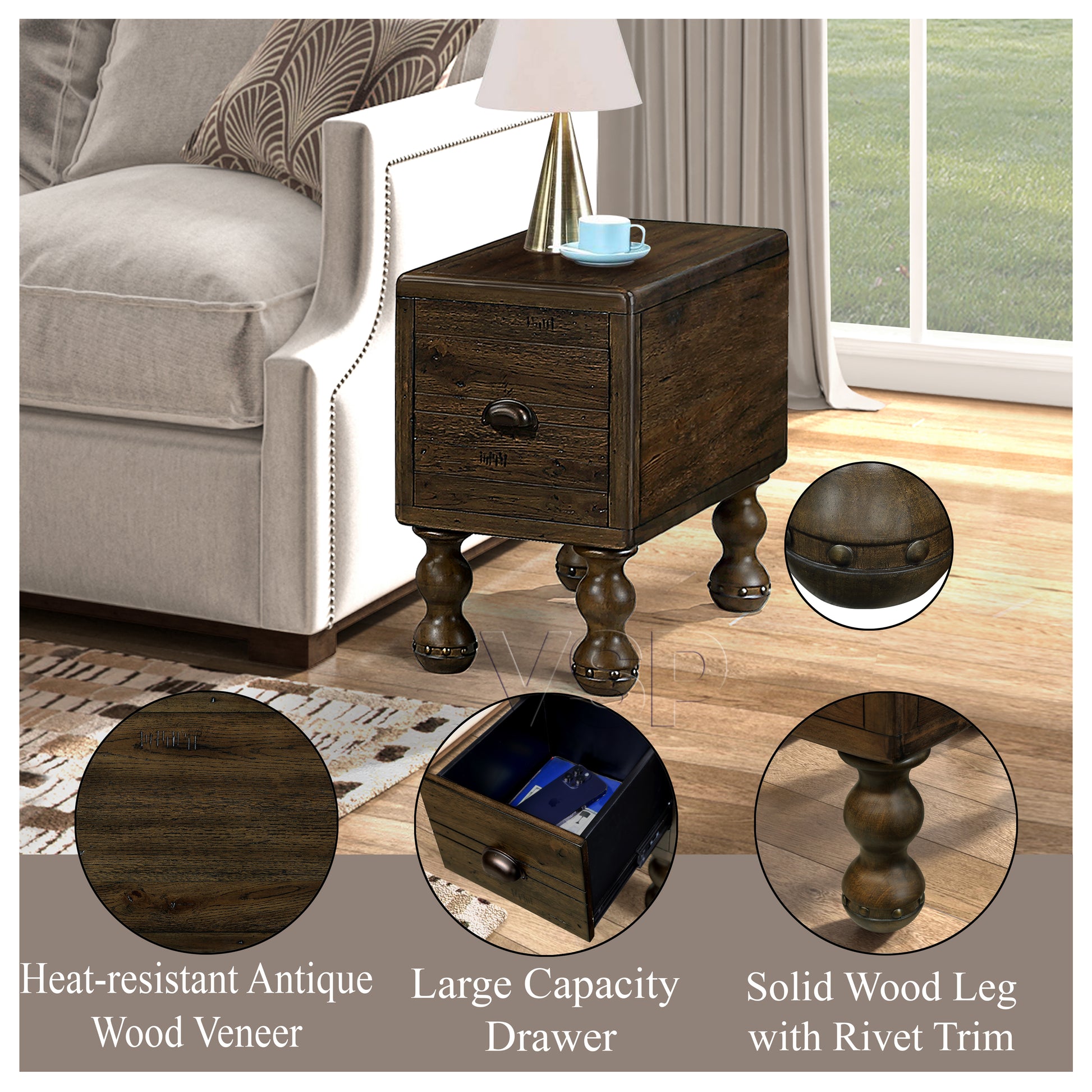 Solid Wood End Table, Rectangle 23.6 Inch Narrow Side Table With Drawer, Vintage Bedside Table Nightstand For Small Spaces, Living Room, Bedroom, Easy Assembly, Espresso Espresso Pine