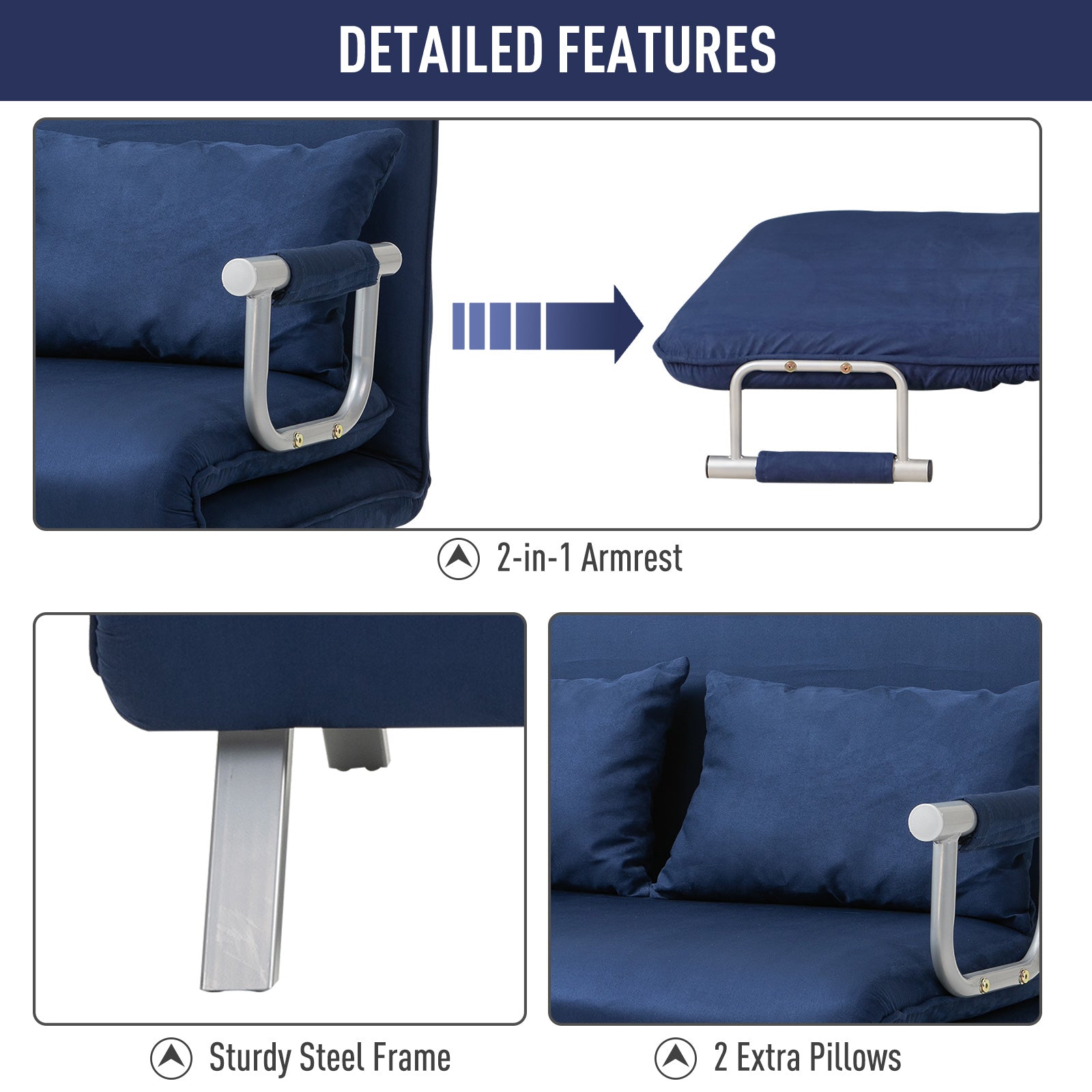Homcom Convertible Sofa Bed Sleeper Chair, 5 Position Adjustable Backrest, Armchair Sleeper With Pillows, Leisure Chaise Lounge Couch, Blue Blue Steel 2 Seat
