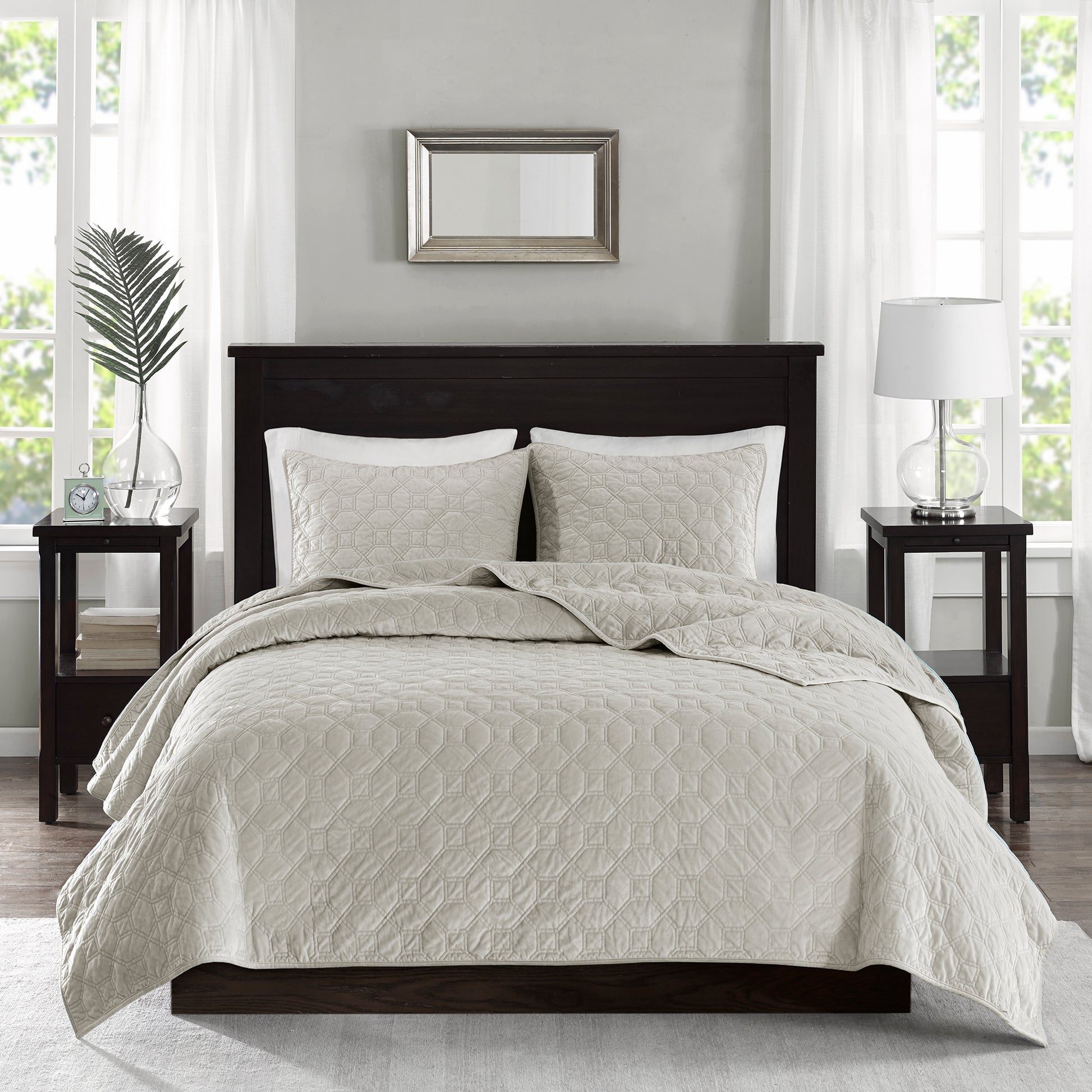 3 Piece Velvet Quilt Set Ivory King Cal King King Ivory Cotton