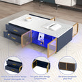 Modern Navy Blue Coffee Table With 2 Glass Door Storage, 4 Drawers, Gold Metal Legs, And Multi Color Lighting In 47.2'' Navy Blue Drawers Mdf