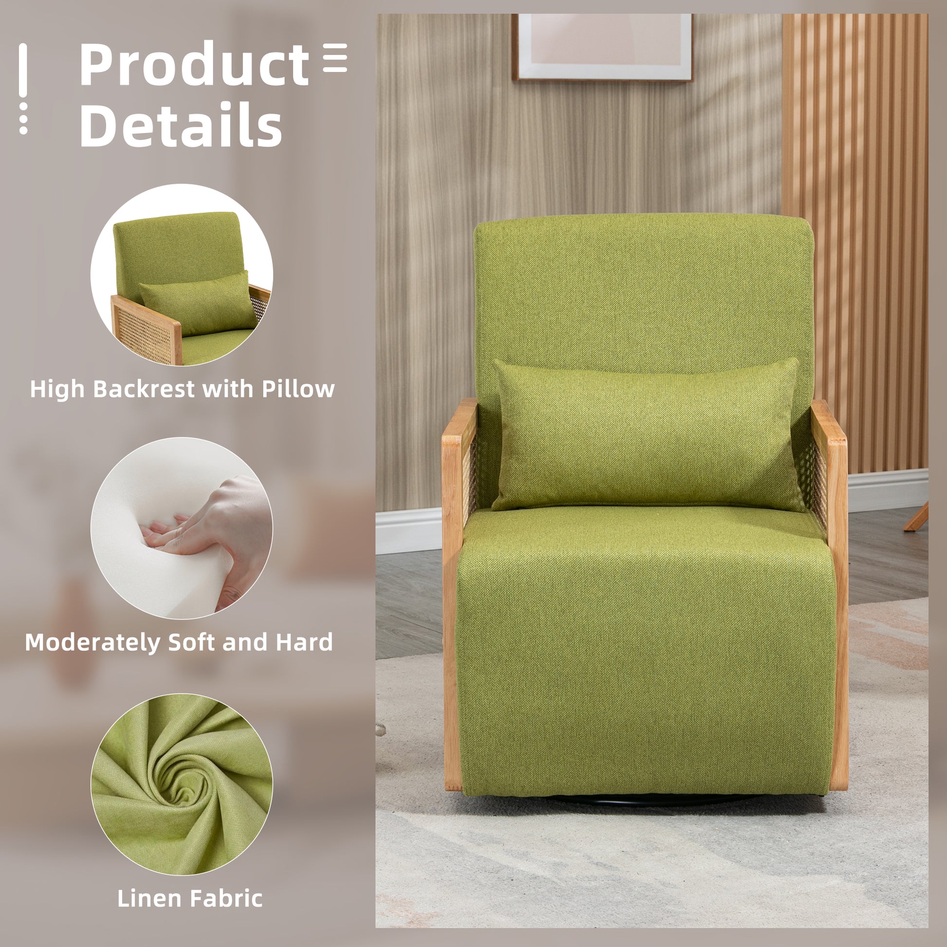Coolmore 360 Degree Swivel Barrel Club Chair With One Pillow,Modern Comfortable Upholstered Accent Chair,Linen Accent Chair For Living Room,Bedroom Green Linen Green Primary Living Space Modern Foam Linen