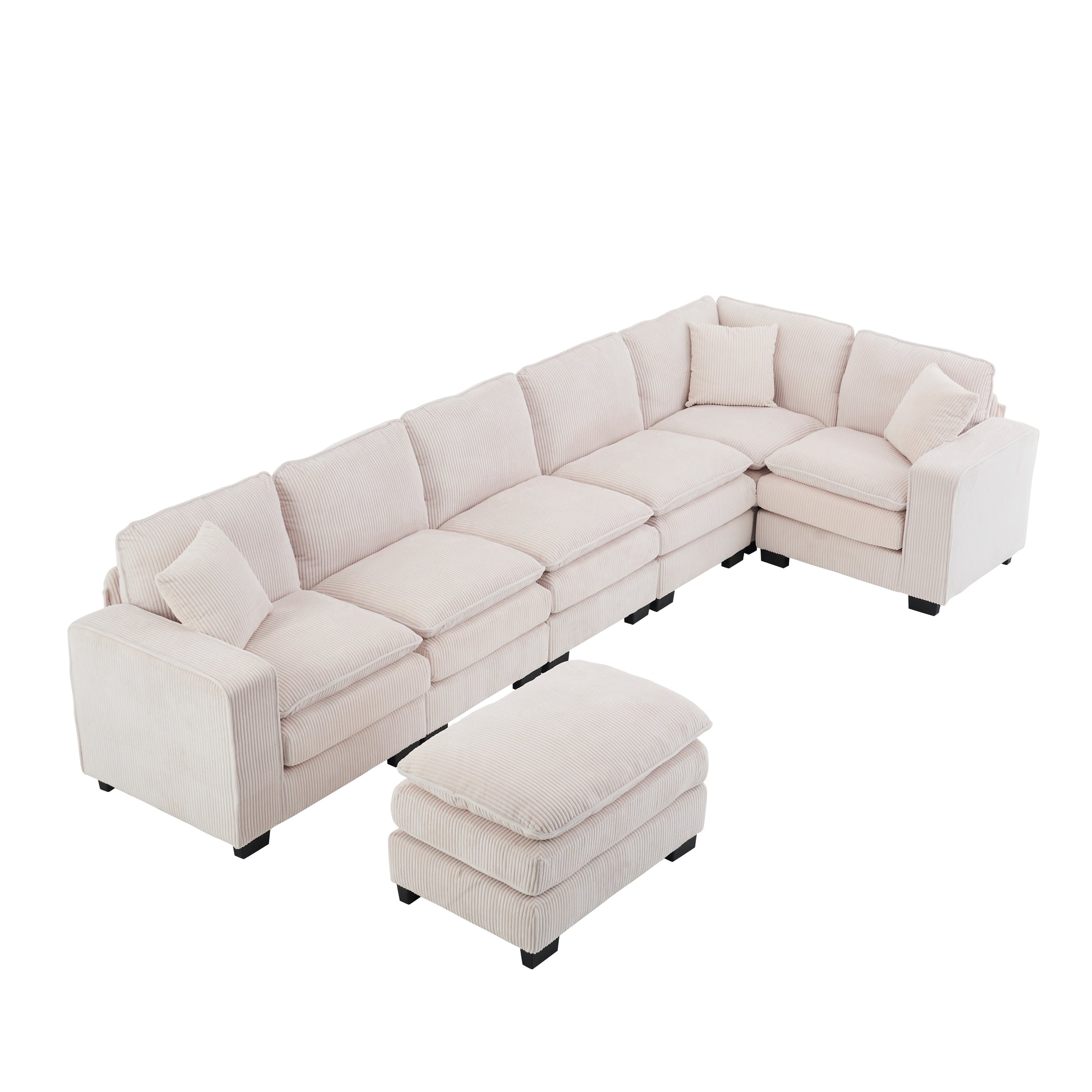 Modern U Shaped 6 Seat Sectional Sofa Couch With One Ottoman And Three Toss Pillows ,Modular Sofa For Living Room,Corduroy Sofa White Corduroy 7 Seat