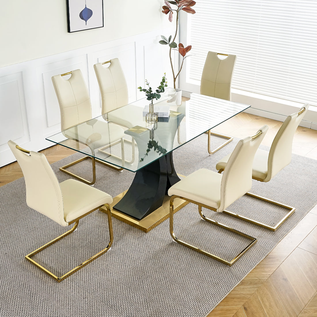 Modern Style Glass Dining Table With Elegant Transparent Design, Solid Support Base, Pale Yellow Dining Chair Set With Gold Plated Legs, Suitable For Restaurant Kitchens Set Of 7 Yellow Glass