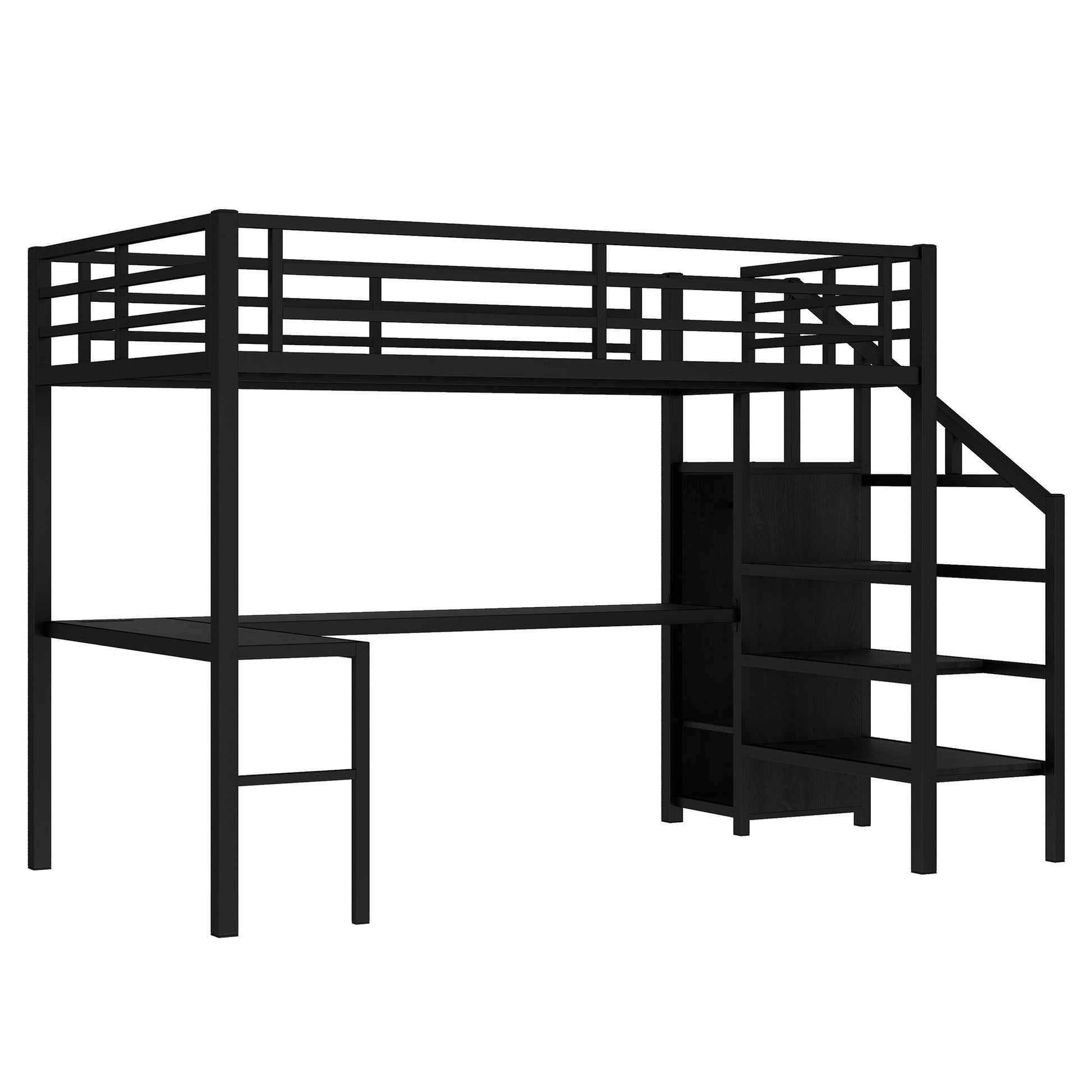Full Size Loft Bed With L Shaped Desk And Usb, Metal Loft Bed With Wardrobe And Adjustable Shelf, High Loft Bed With Led For Kids Teens Adults, Black Full Black Metal