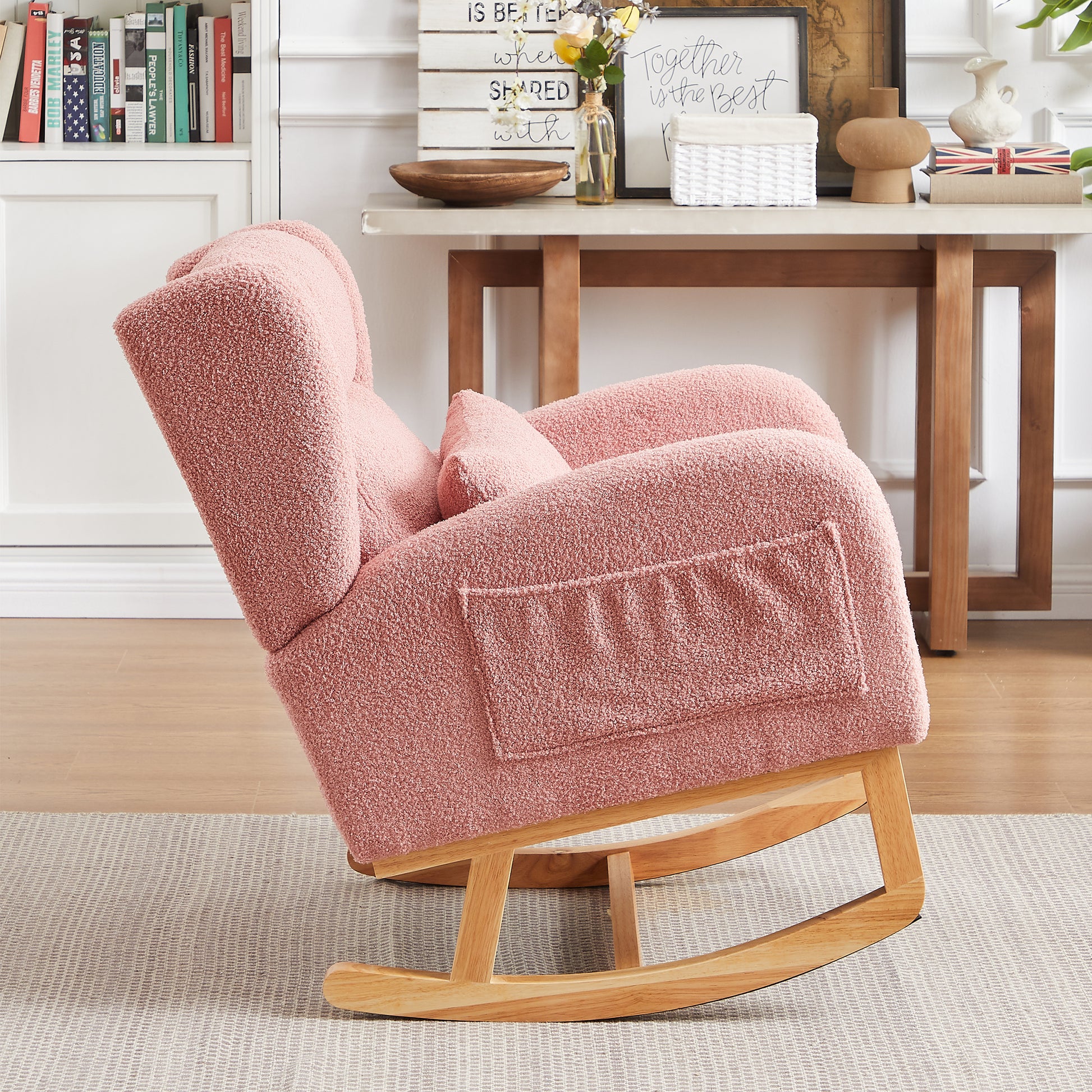 27.2"W Modern Accent High Backrest Living Room Lounge Arm Rocking Chair, Two Side Pocket Pink Foam Fabric