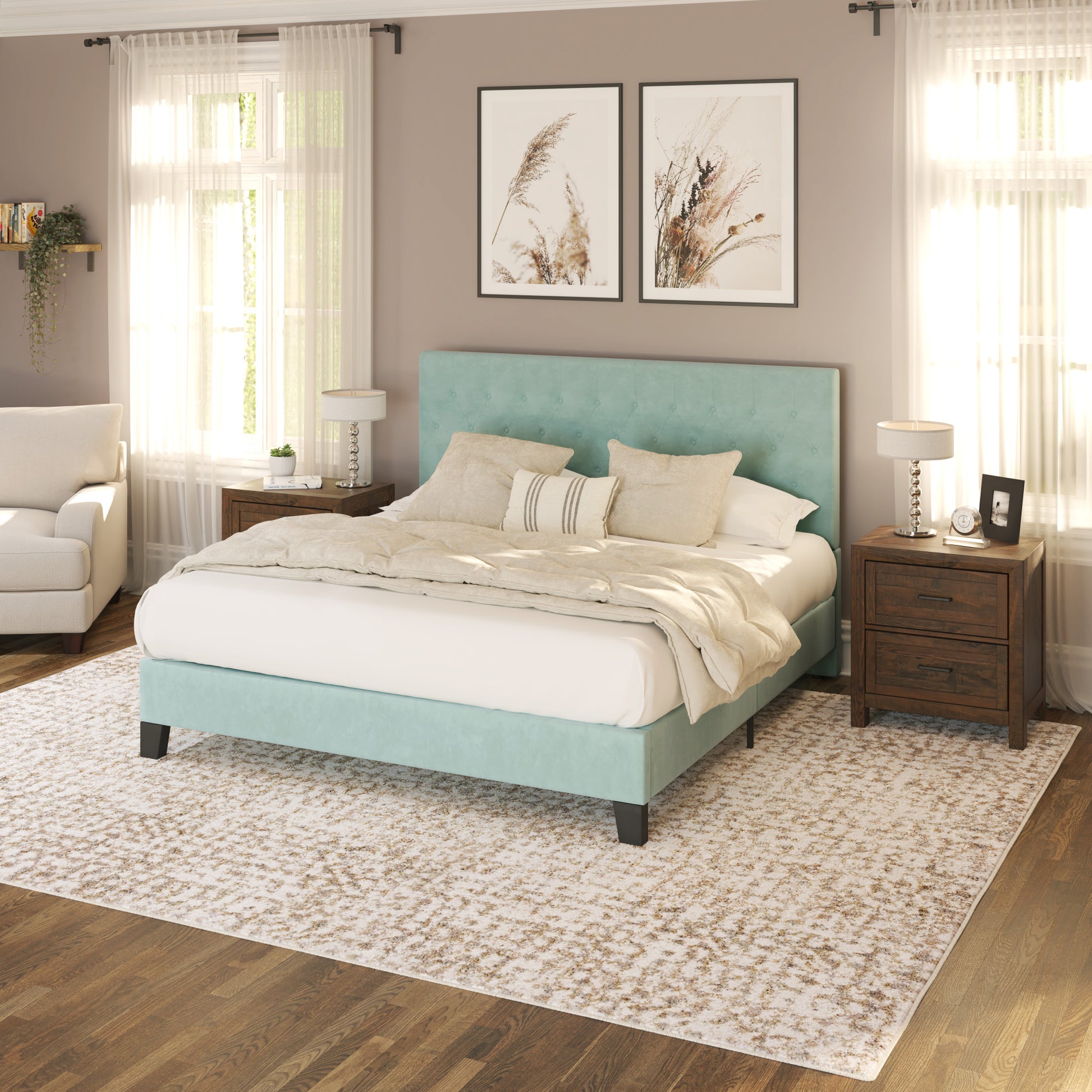 Luma Blue Cal King Upholstered Bed California King Blue Foam Solid Wood